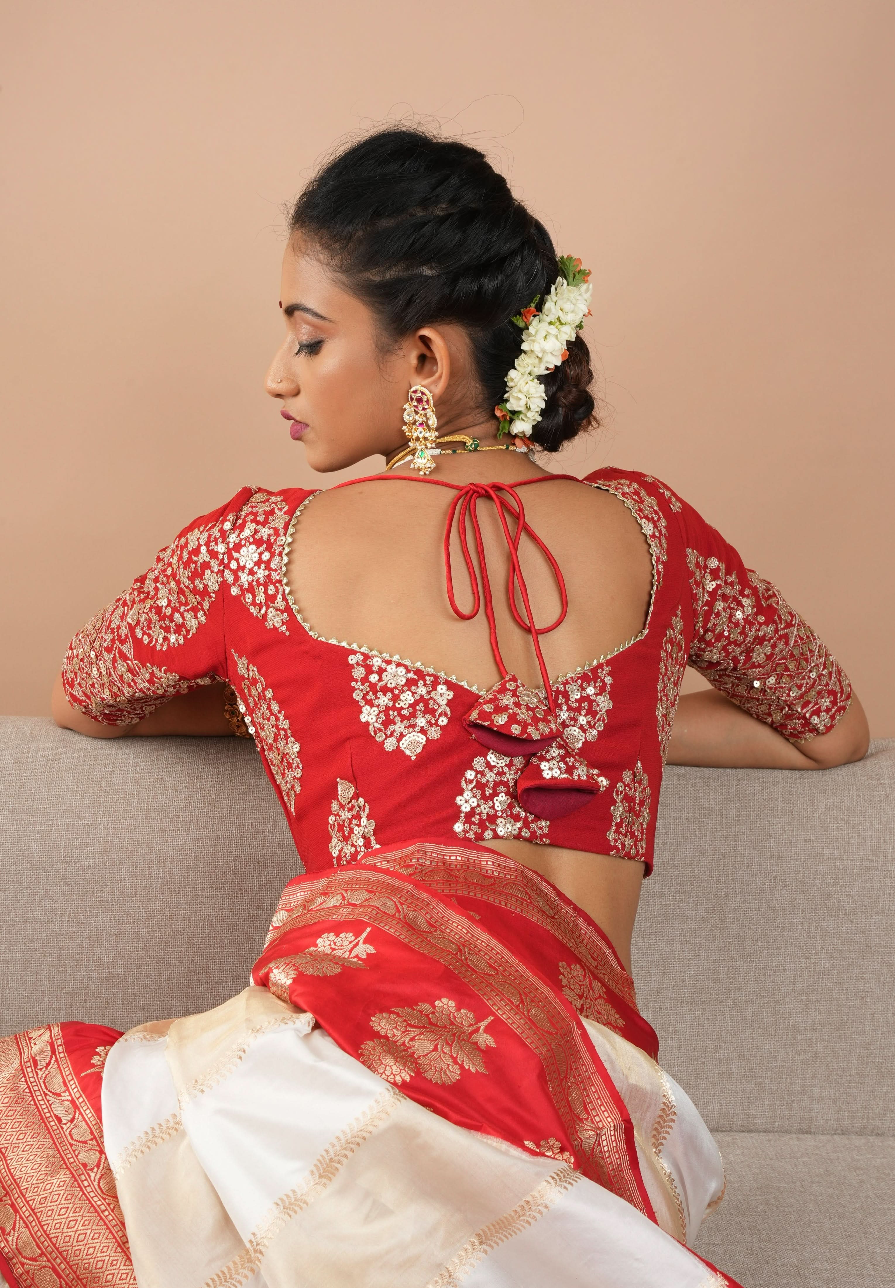Red and Gold Georgette Blouse with Sequin Work and Gotta Detailing, Customizable, Made to Order | Shobitam