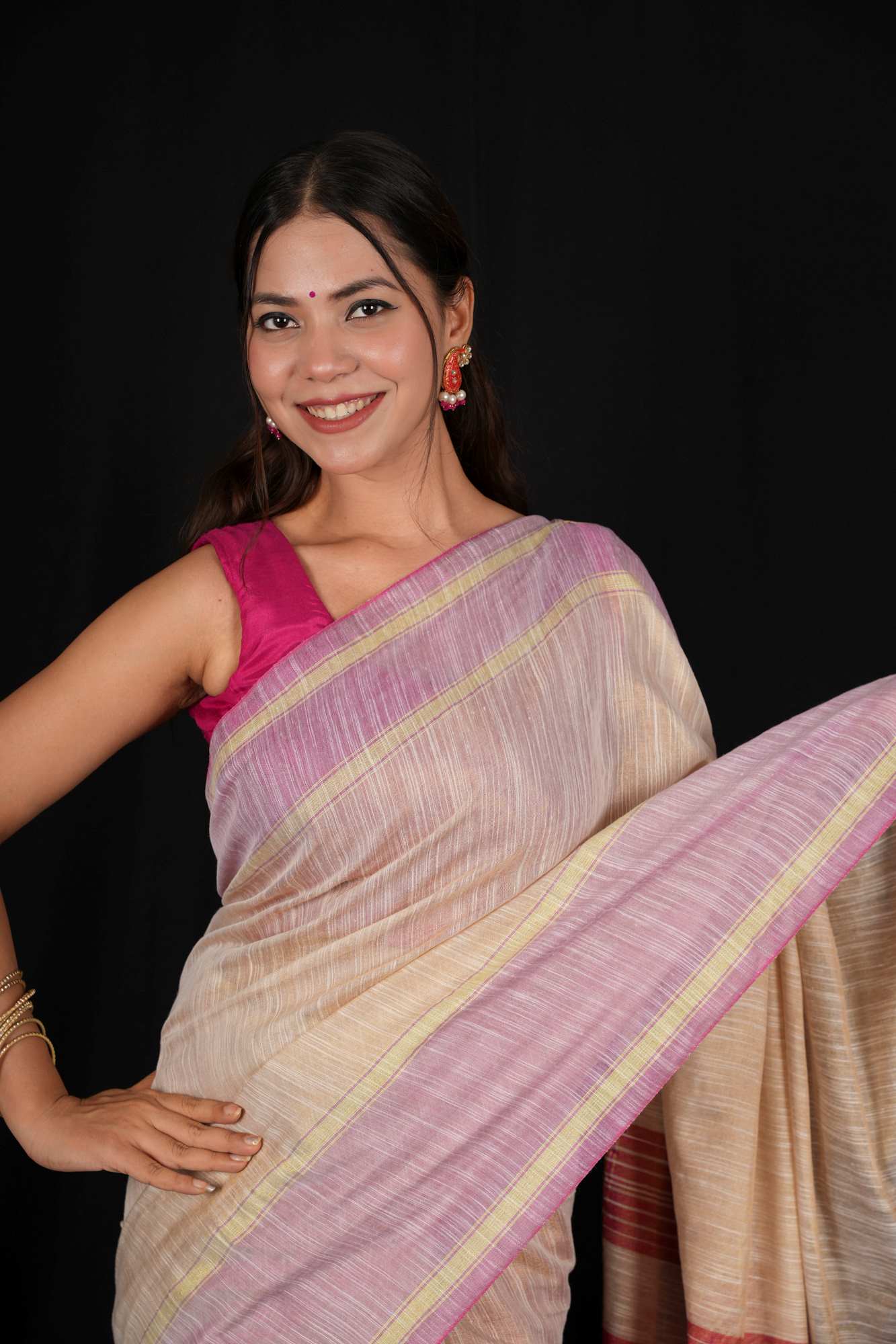 Tissue Beige and Pink Cotton Silk Saree with Striped Pallu Ready To Wear Saree