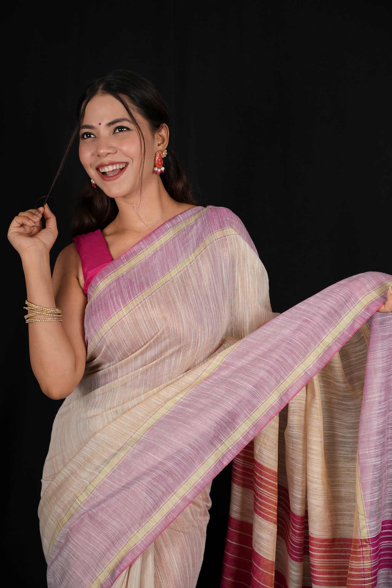 Tissue Beige and Pink Cotton Silk Saree with Striped Pallu Ready To Wear Saree
