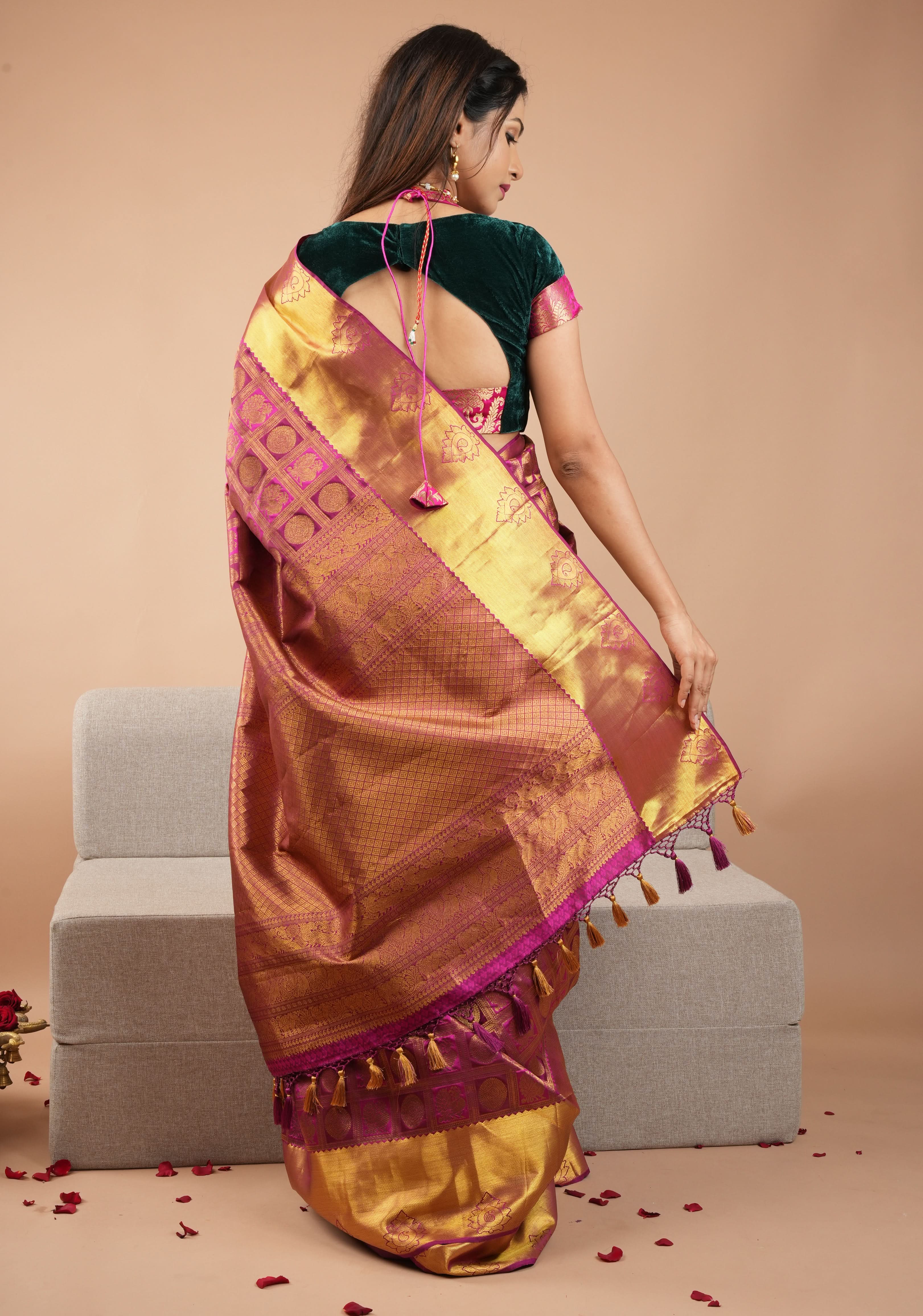 Green Pink Halter and Bustier Layered Look Blouse in Velvet and Banarasi Brocade, Customizable, Made to Order | Shobitam