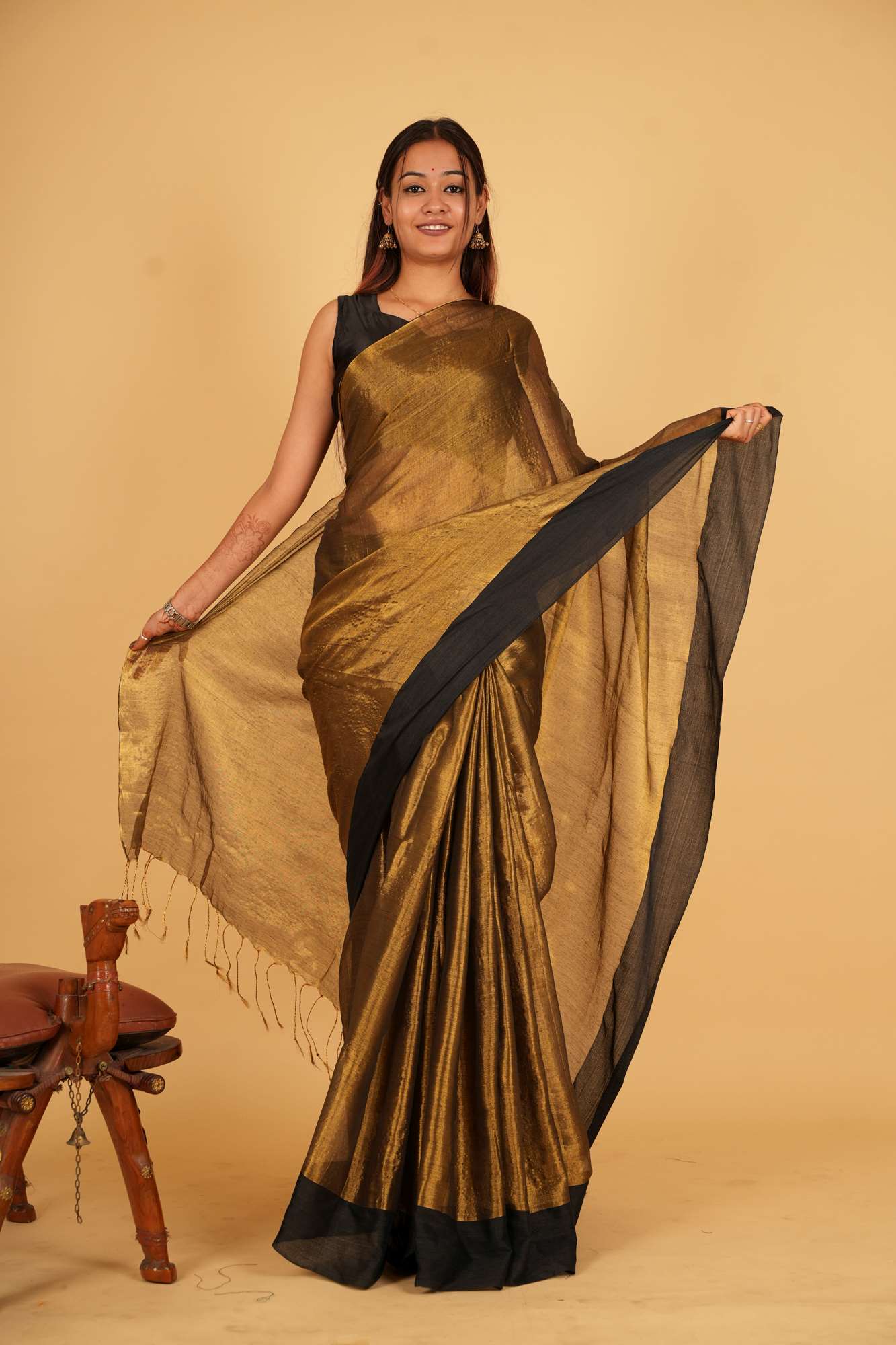 Metallic Tissue With Elegant Black Border Ready To Wear Saree