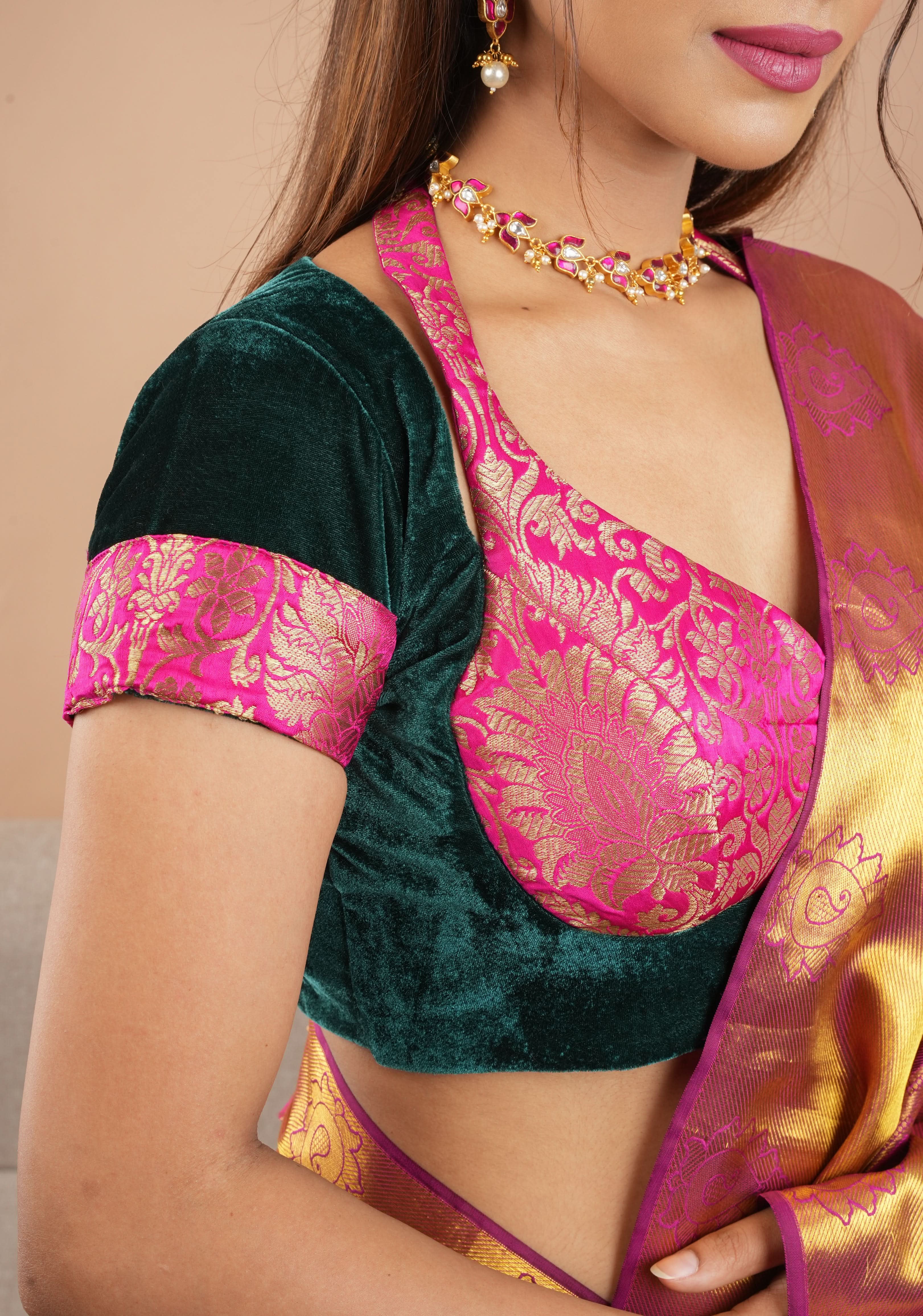 Green Pink Halter and Bustier Layered Look Blouse in Velvet and Banarasi Brocade, Customizable, Made to Order | Shobitam