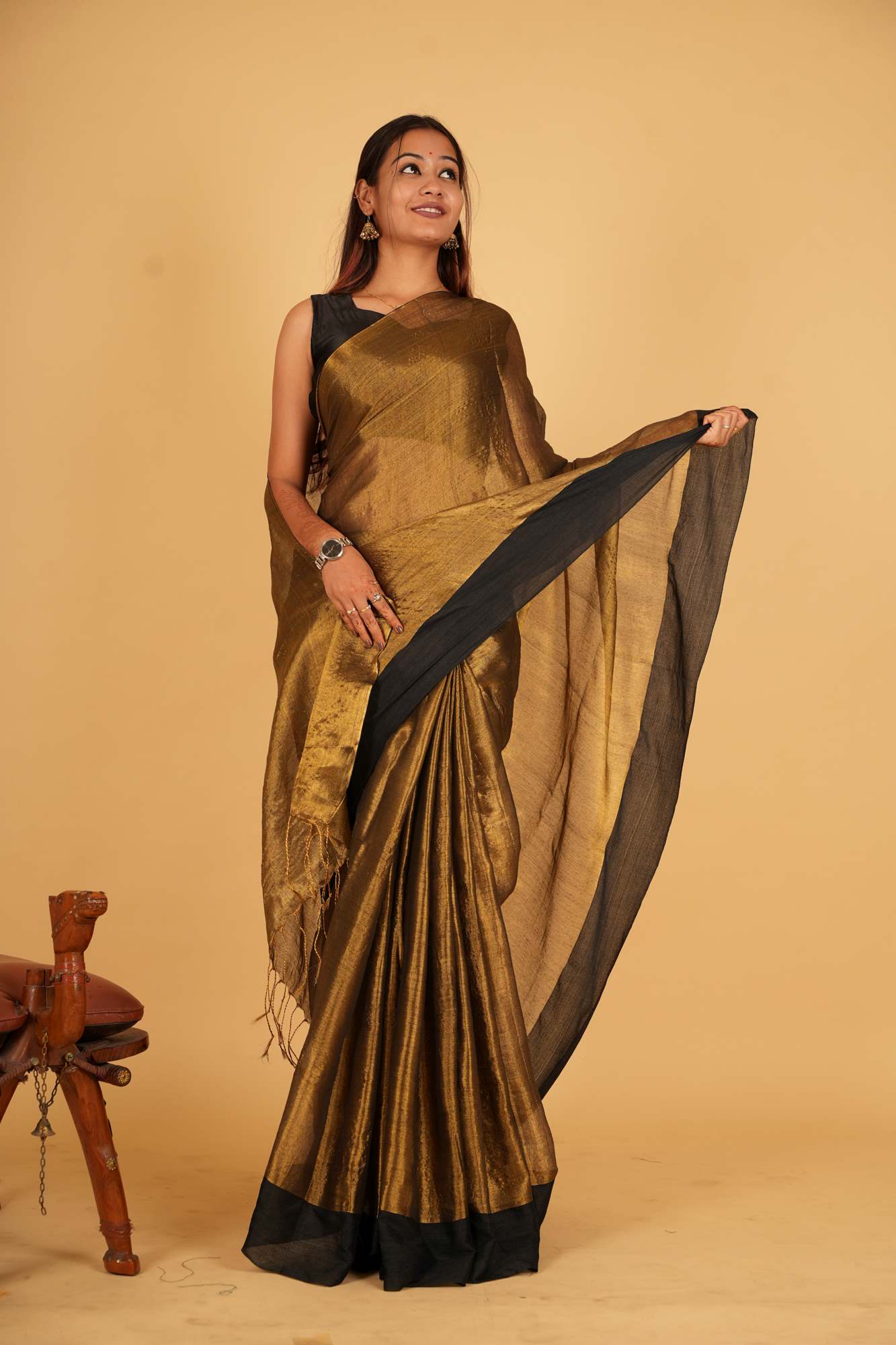 Metallic Tissue With Elegant Black Border Ready To Wear Saree