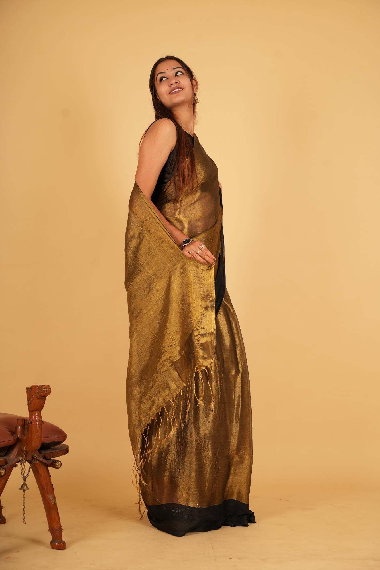 Metallic Tissue With Elegant Black Border Ready To Wear Saree