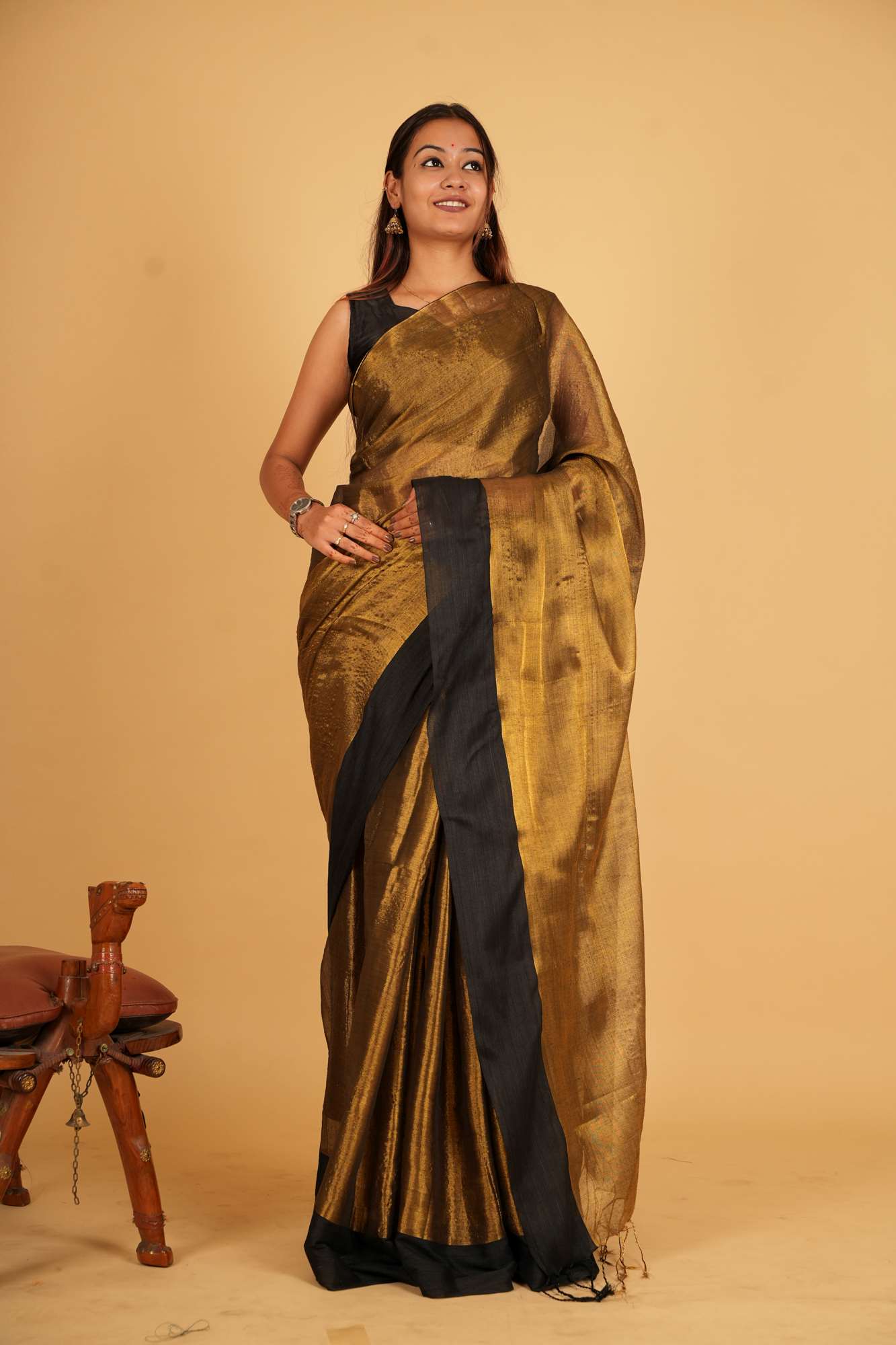 Metallic Tissue With Elegant Black Border Ready To Wear Saree