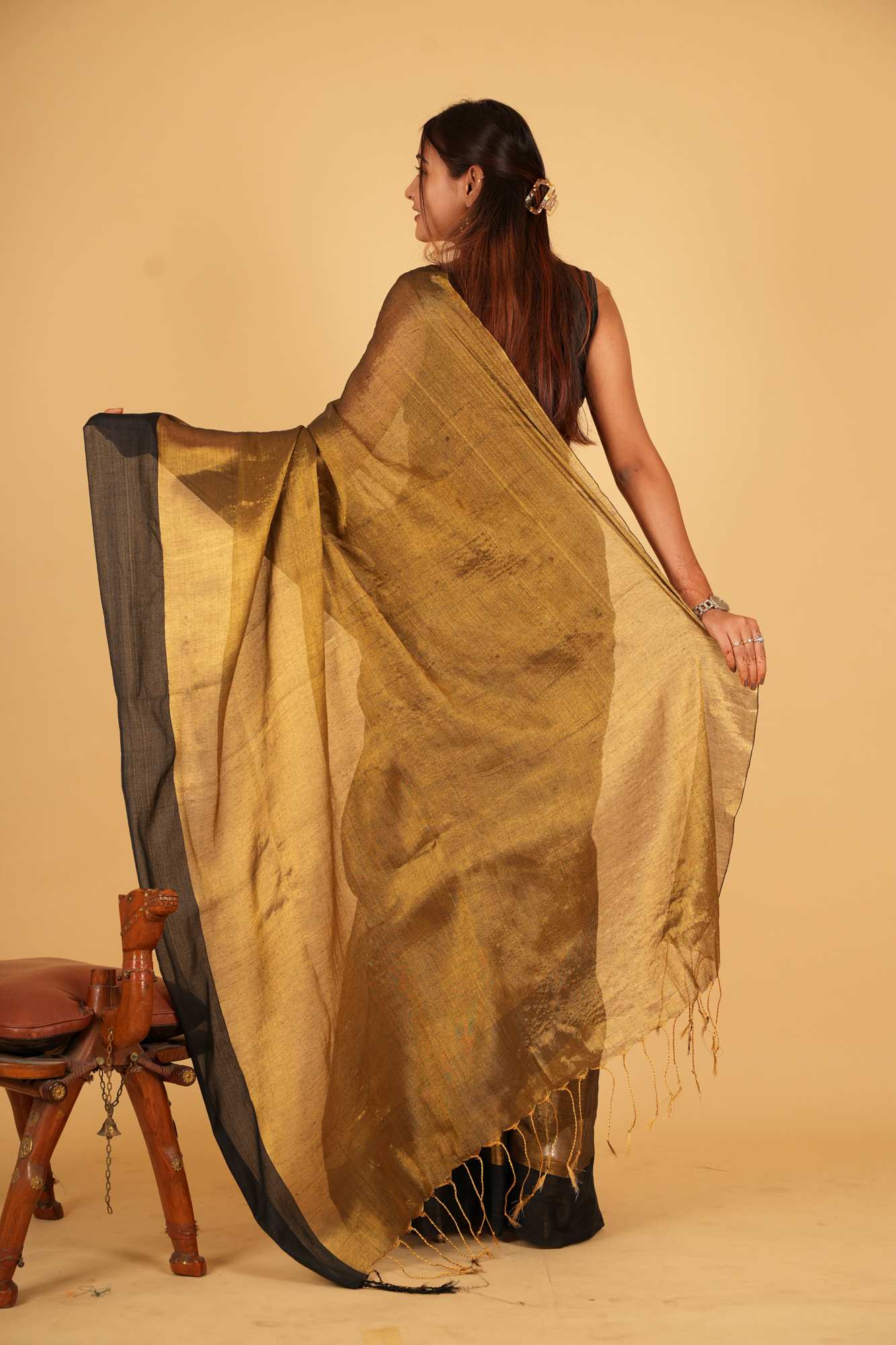 Metallic Tissue With Elegant Black Border Ready To Wear Saree