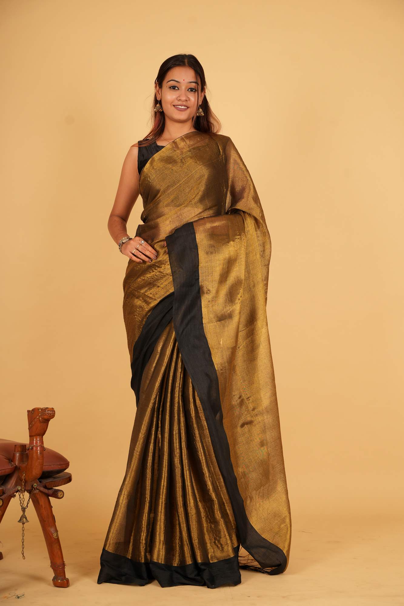 Metallic Tissue With Elegant Black Border Ready To Wear Saree