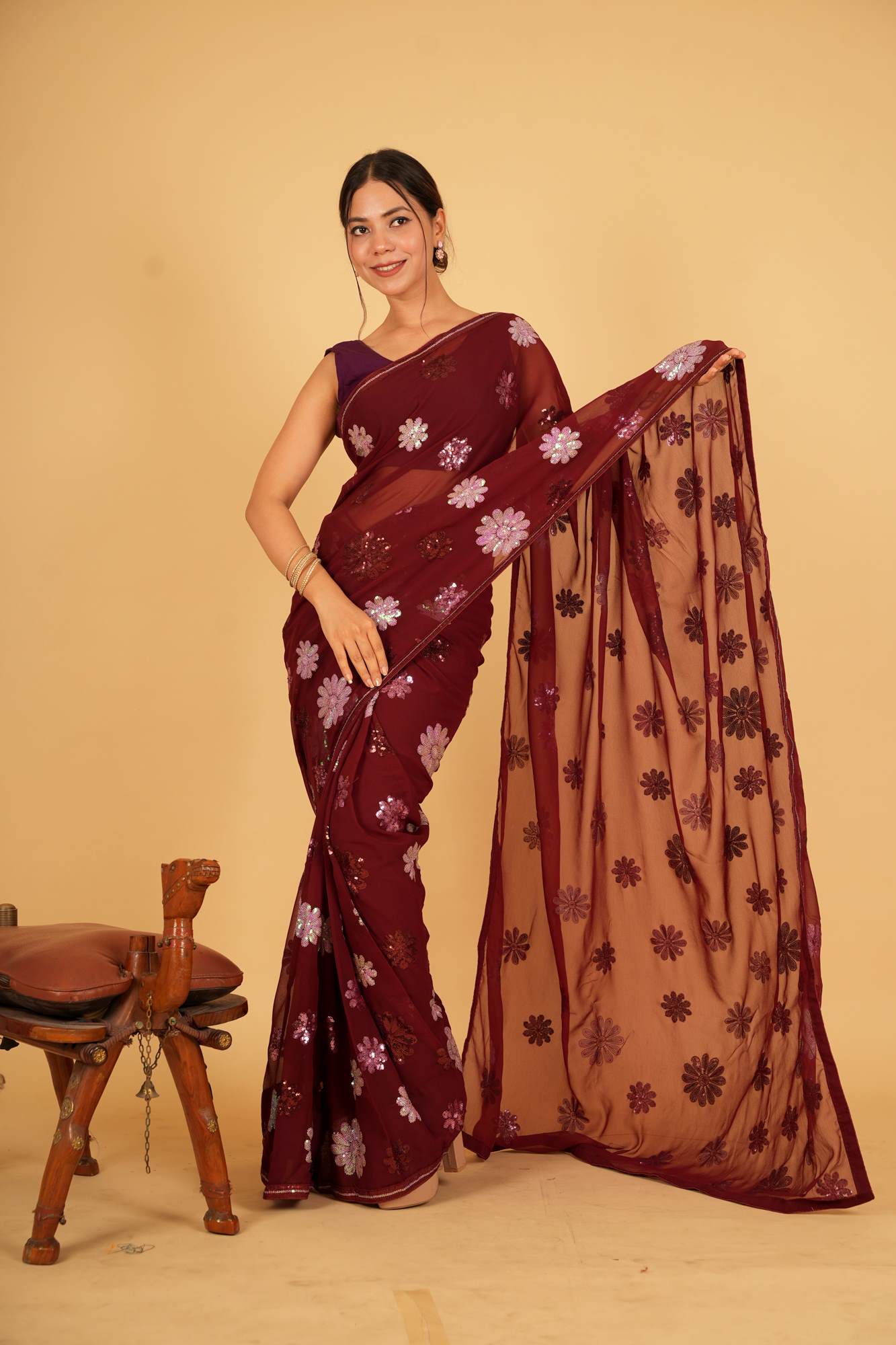 Ready To Wear Georgette sequin Detail With lace border saree