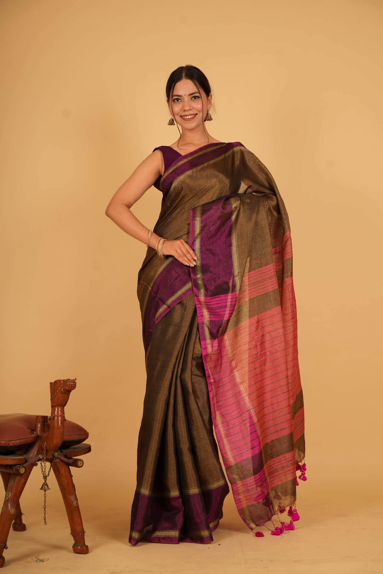 Tissue Antique Bronze and Plum with Contrast Pink Pallu Ready To Wear Saree