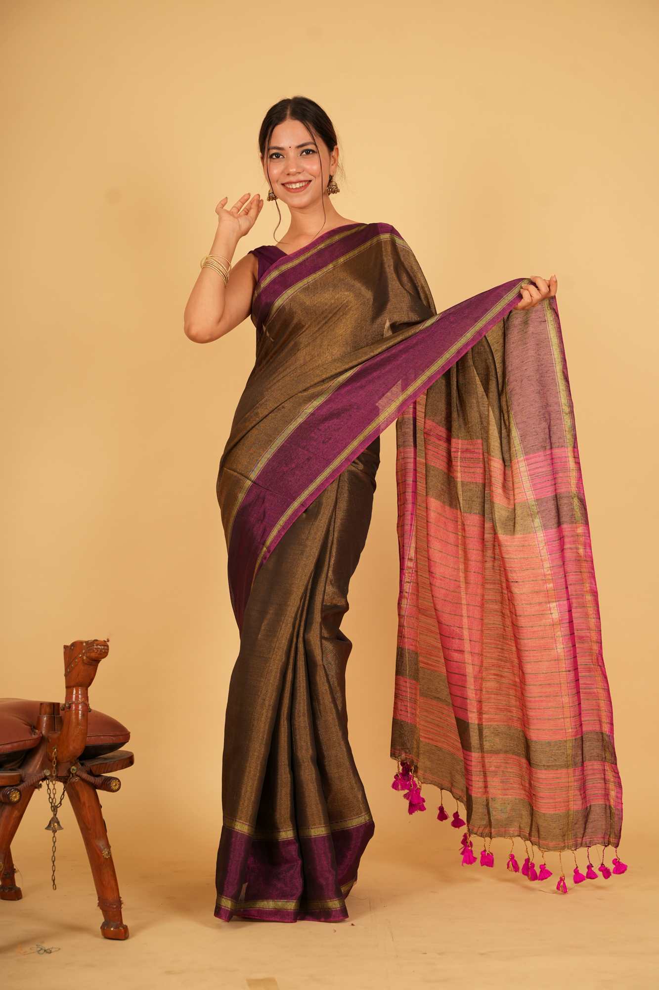 Tissue Antique Bronze and Plum with Contrast Pink Pallu Ready To Wear Saree