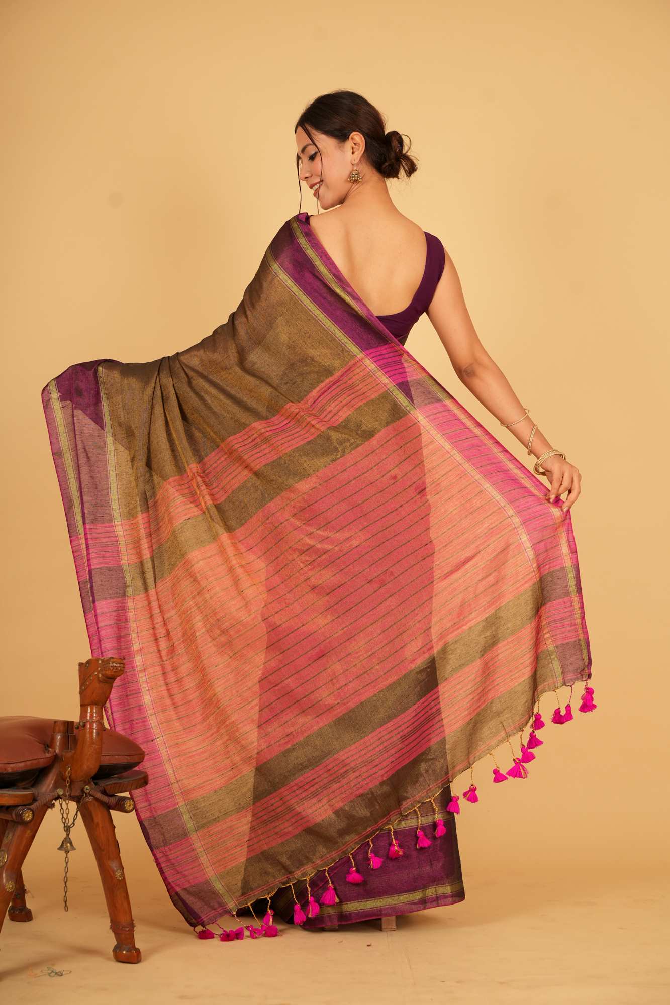 Tissue Antique Bronze and Plum with Contrast Pink Pallu Ready To Wear Saree