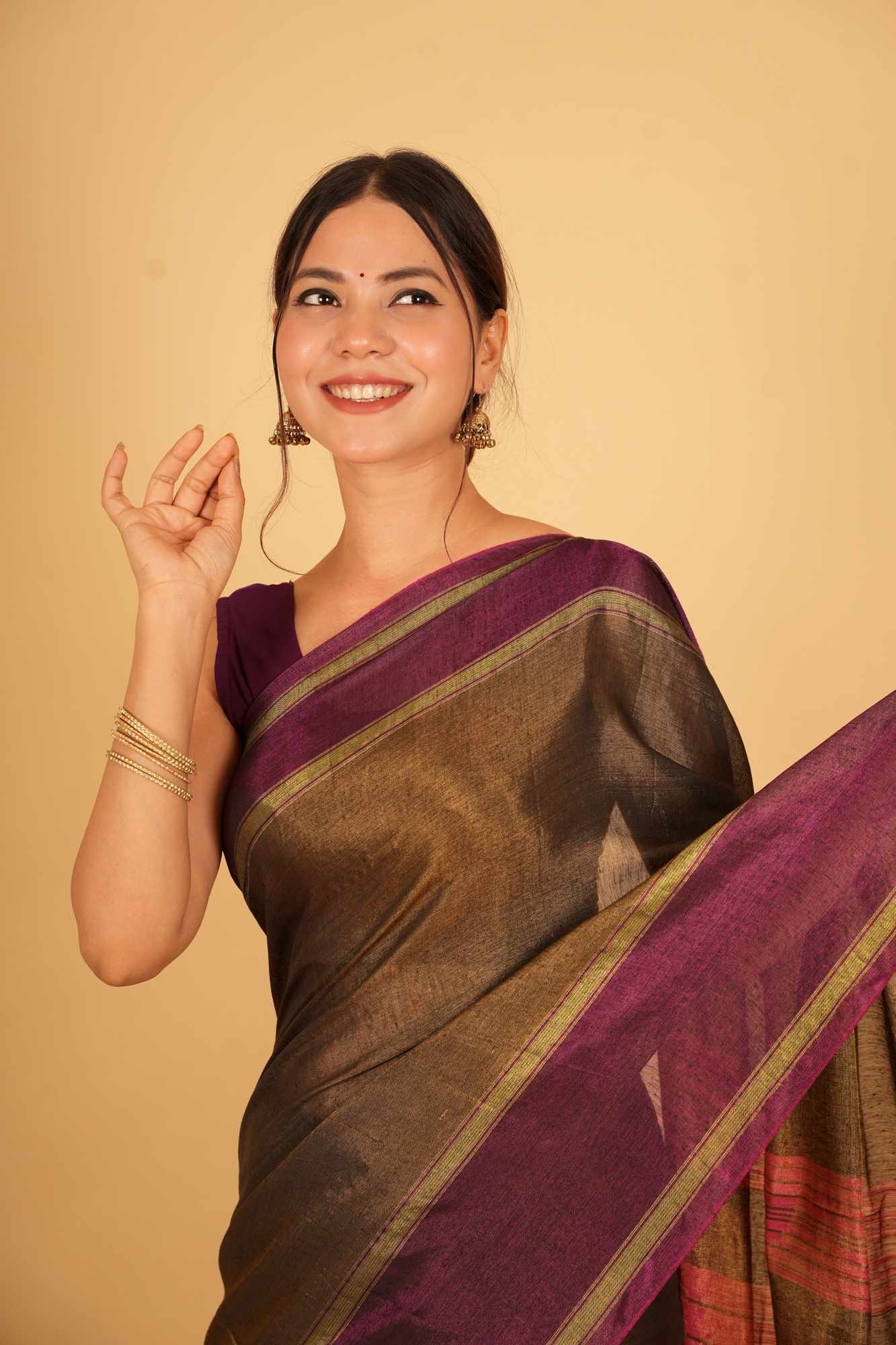 Tissue Antique Bronze and Plum with Contrast Pink Pallu Ready To Wear Saree