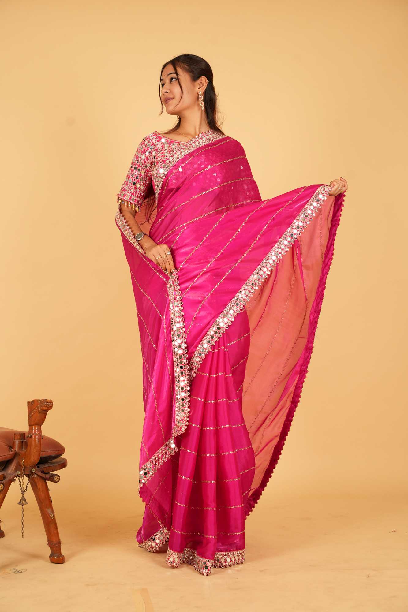 Elegant Mirror Work Embroidery With Soft Organza & Designer Blouse Wrap in 1 Minute Saree