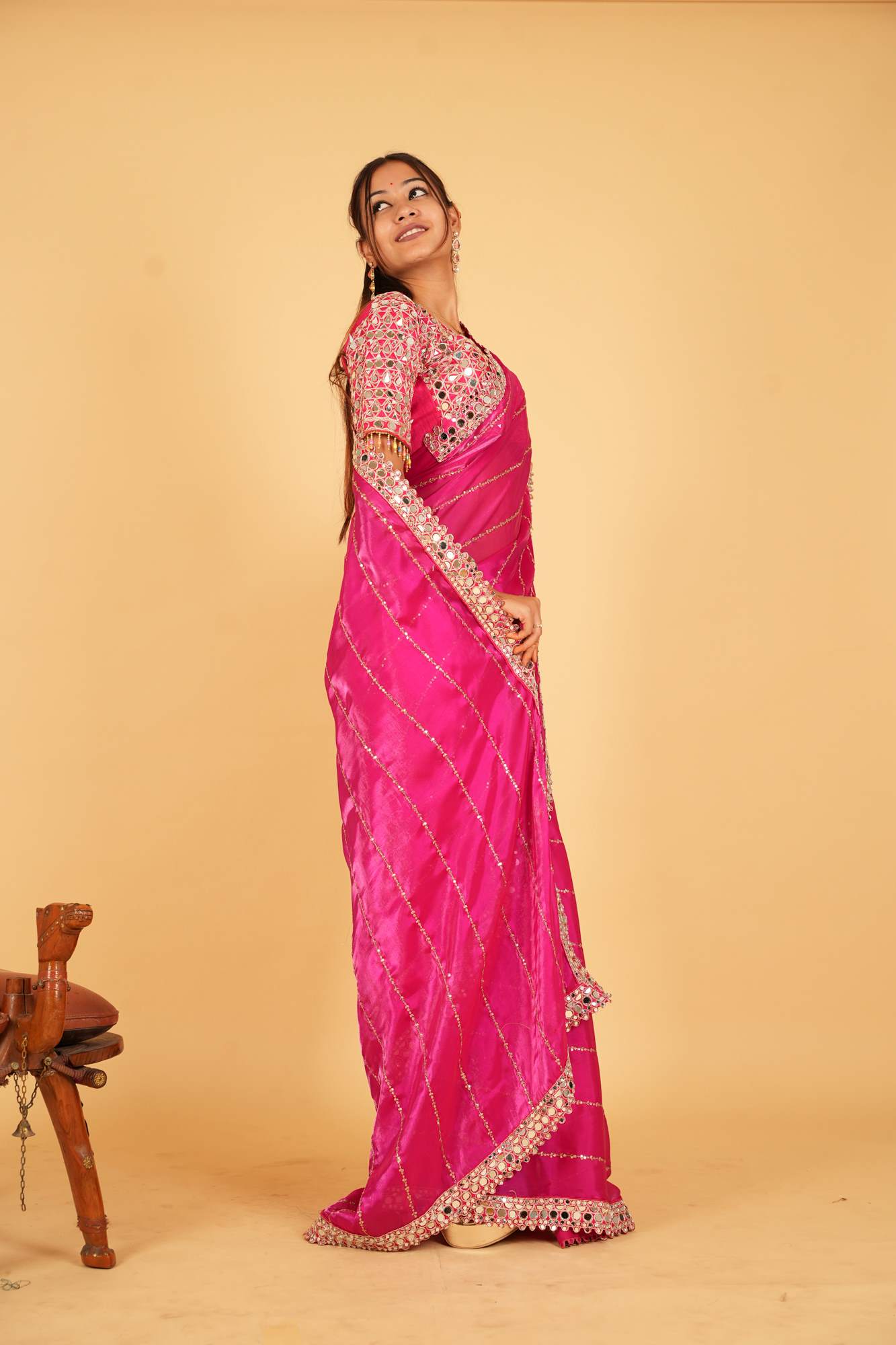 Elegant Mirror Work Embroidery With Soft Organza & Designer Blouse Wrap in 1 Minute Saree