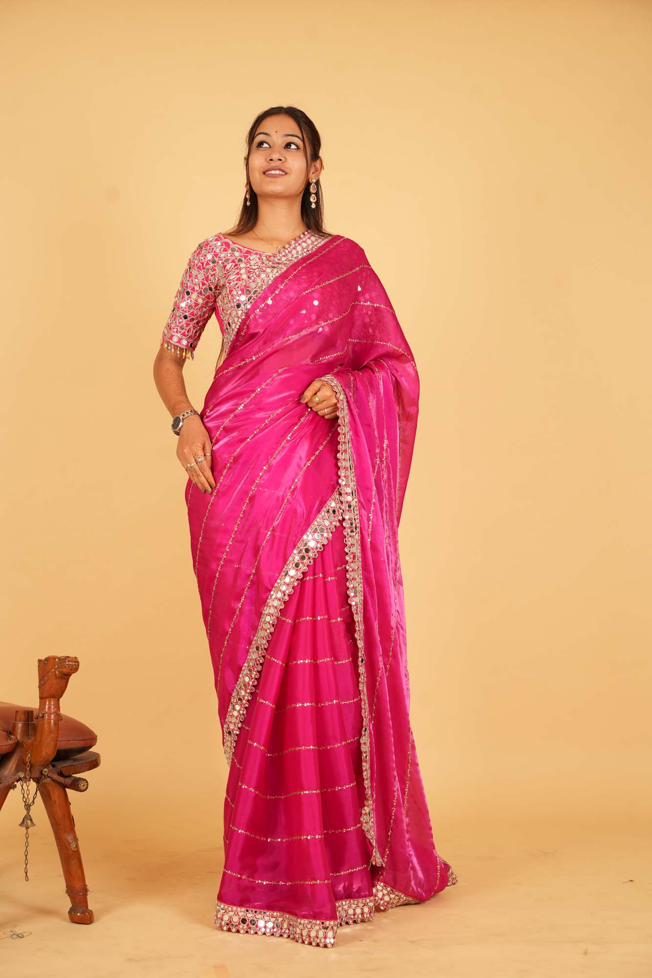Elegant Mirror Work Embroidery With Soft Organza & Designer Blouse Wrap in 1 Minute Saree
