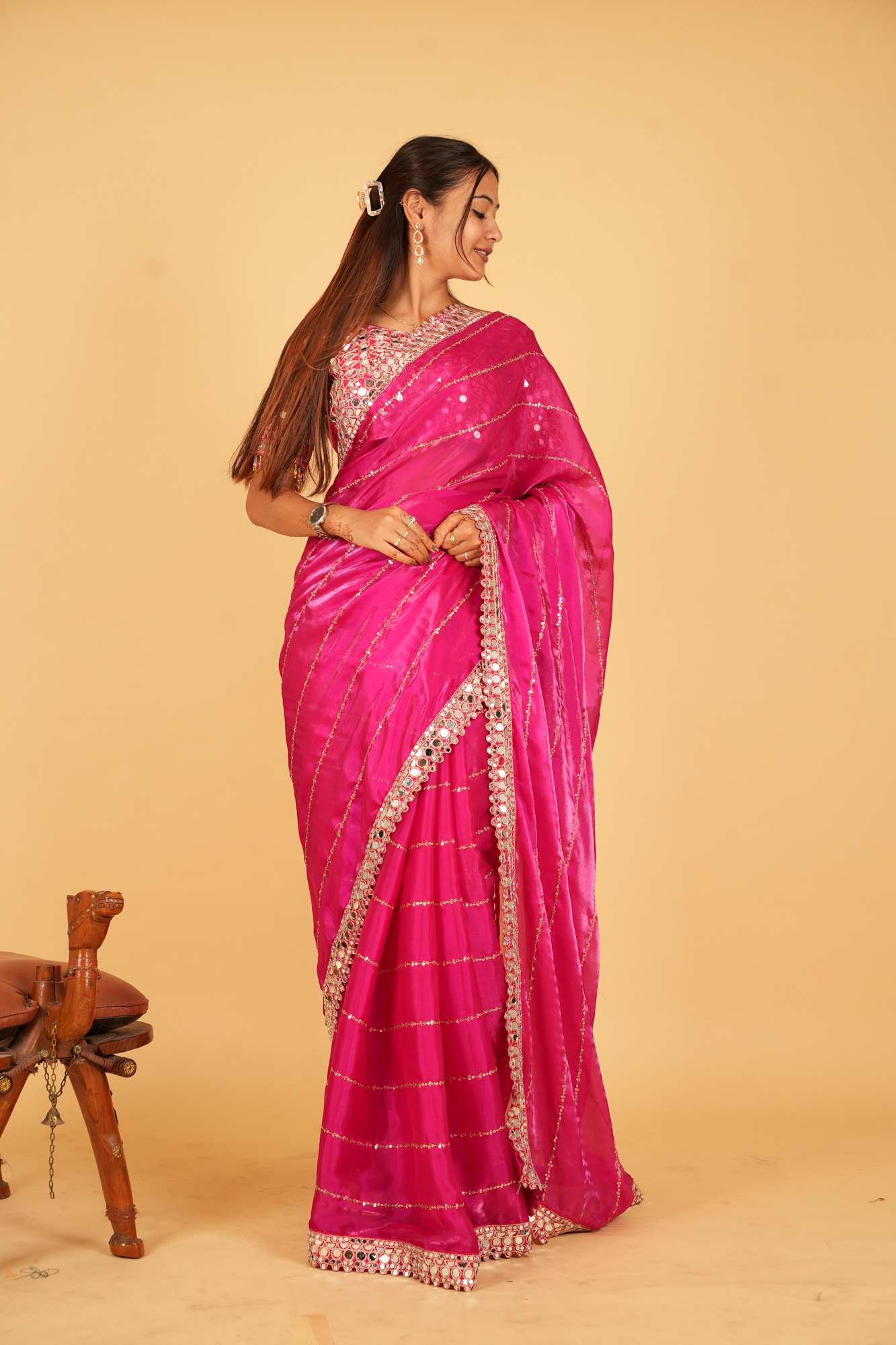 Elegant Mirror Work Embroidery With Soft Organza & Designer Blouse Wrap in 1 Minute Saree