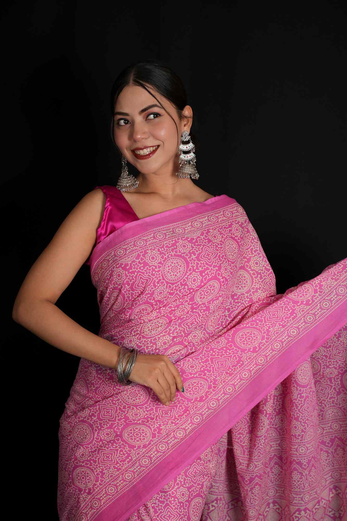Beautiful Pink Mulmul Cotton with Hand Printed & Allover Floral printed Ready to wear Saree
