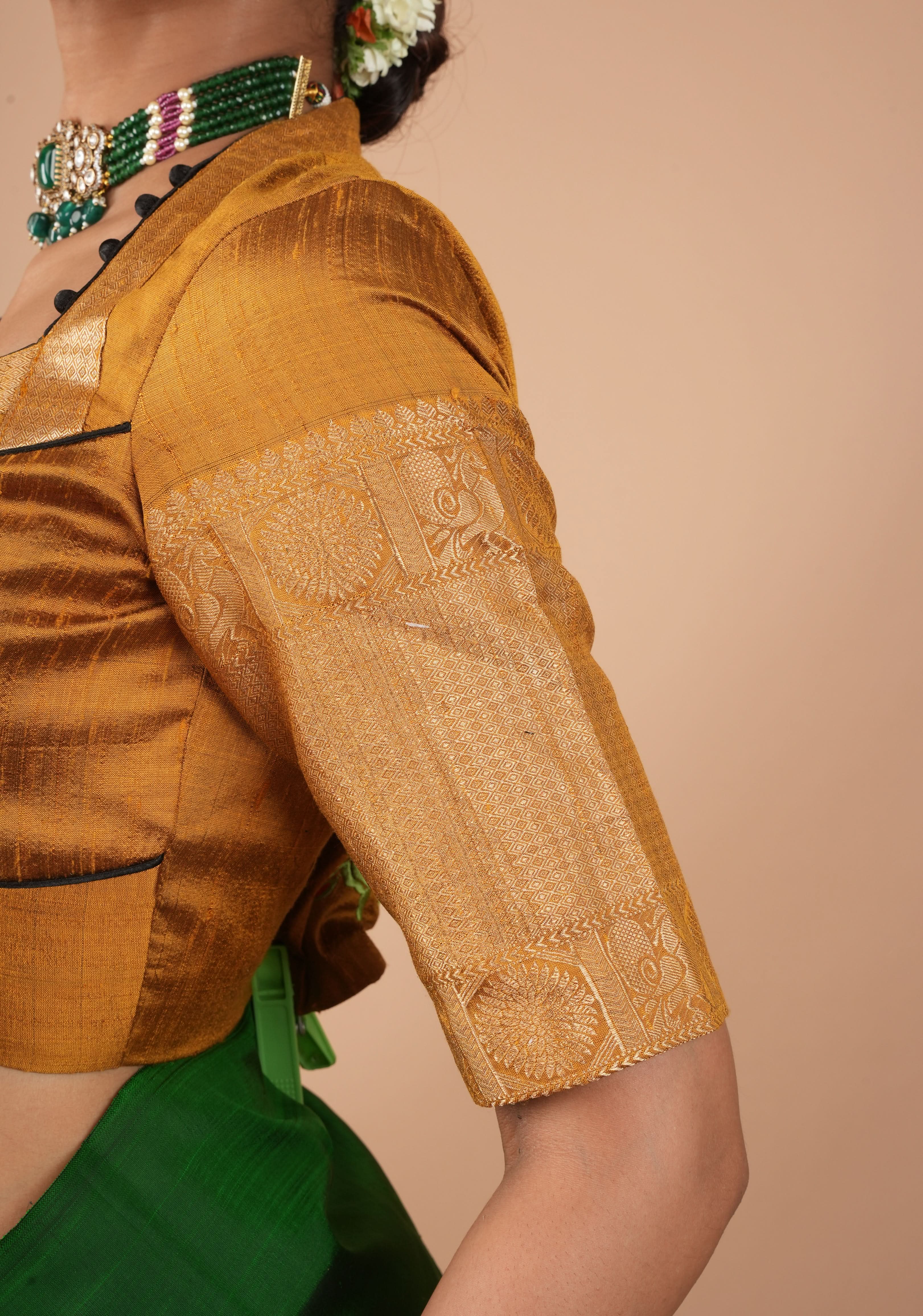 Ochre Pure Raw Silk With Wide Zari Borders and Free Spirit Floral and Birds Embroidery, Customizable, Made to Order | Shobitam
