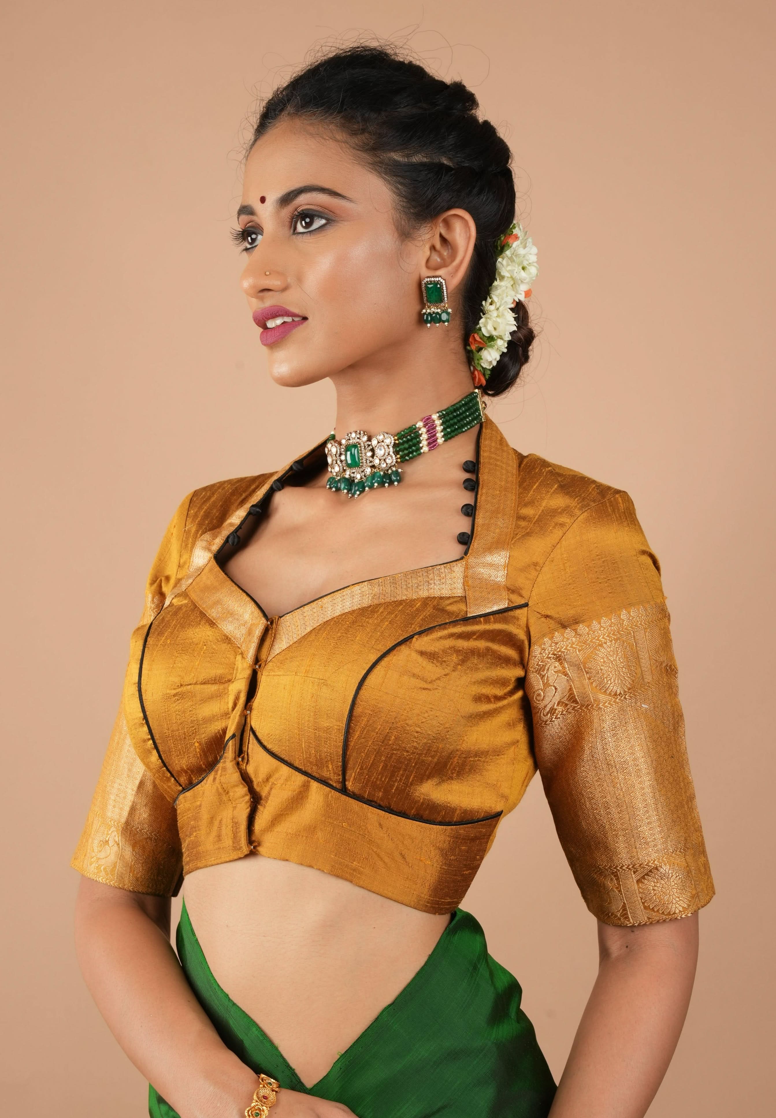 Ochre Pure Raw Silk With Wide Zari Borders and Free Spirit Floral and Birds Embroidery, Customizable, Made to Order | Shobitam
