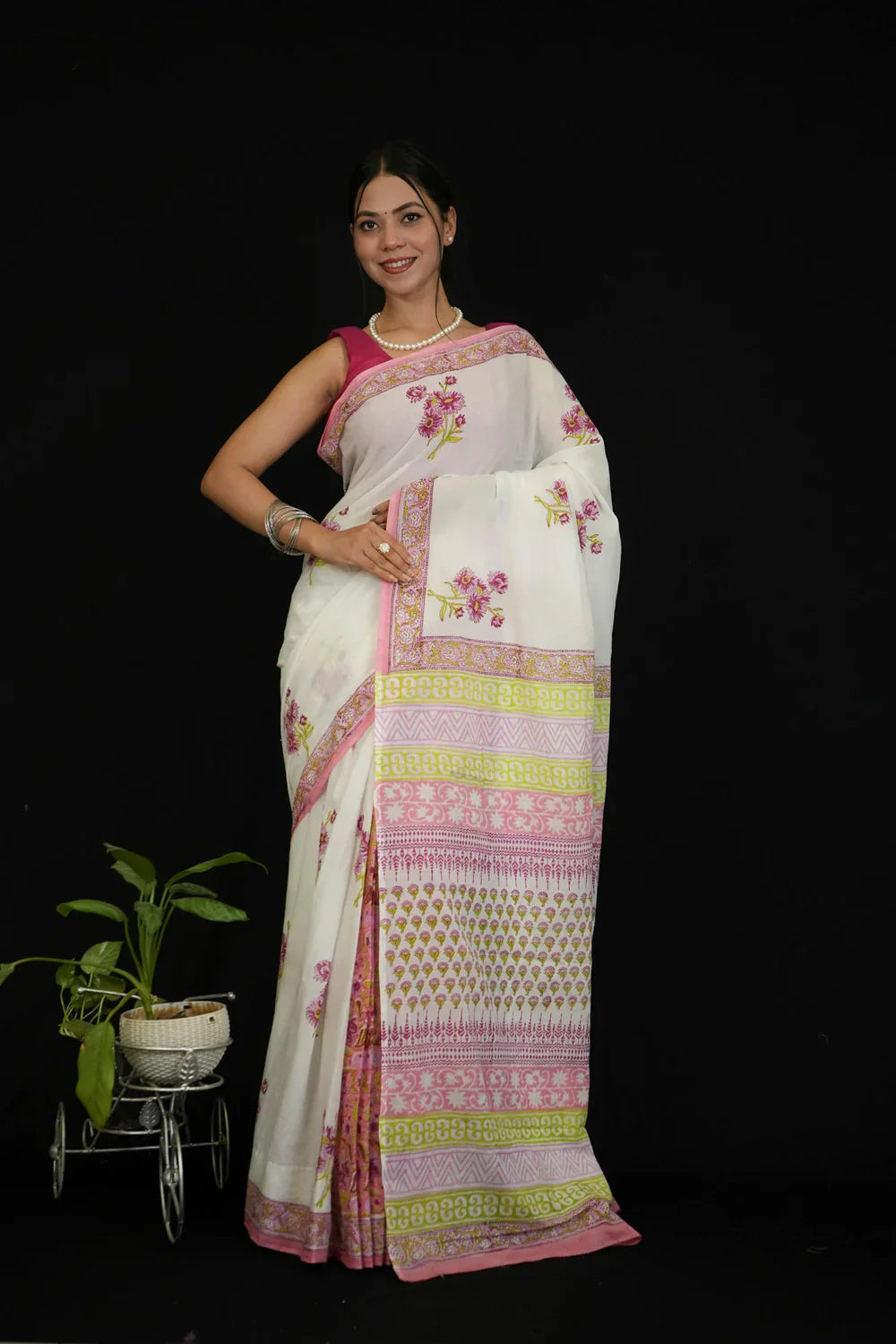 Pure Mulmul Cotton with All Over Vegetable Dye Hand Block Printed Ready To Wear Saree