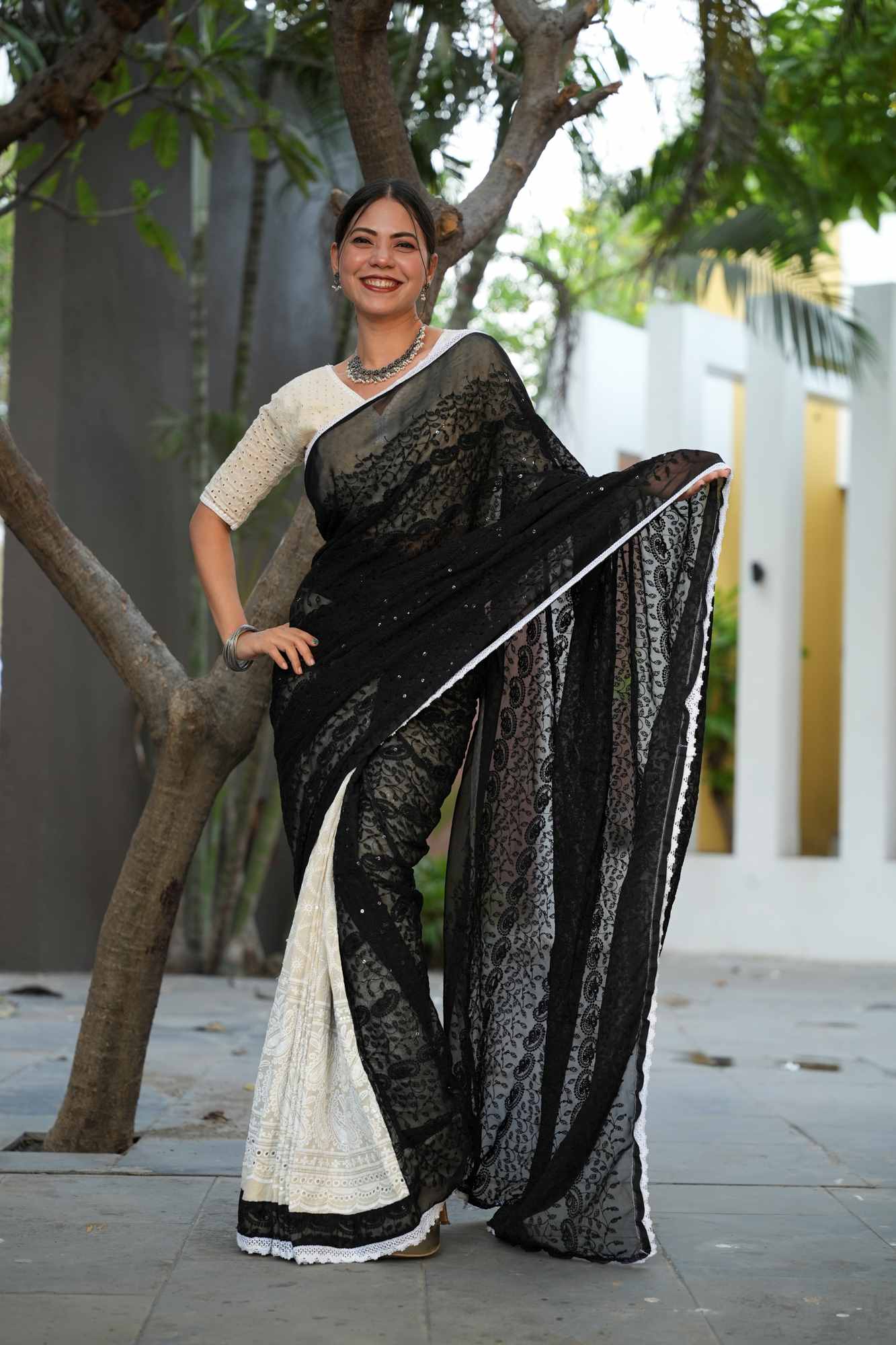 Black and white Cotton Hakoba Chikankari Work with Sequence Embroidered Pallu ready to wear saree