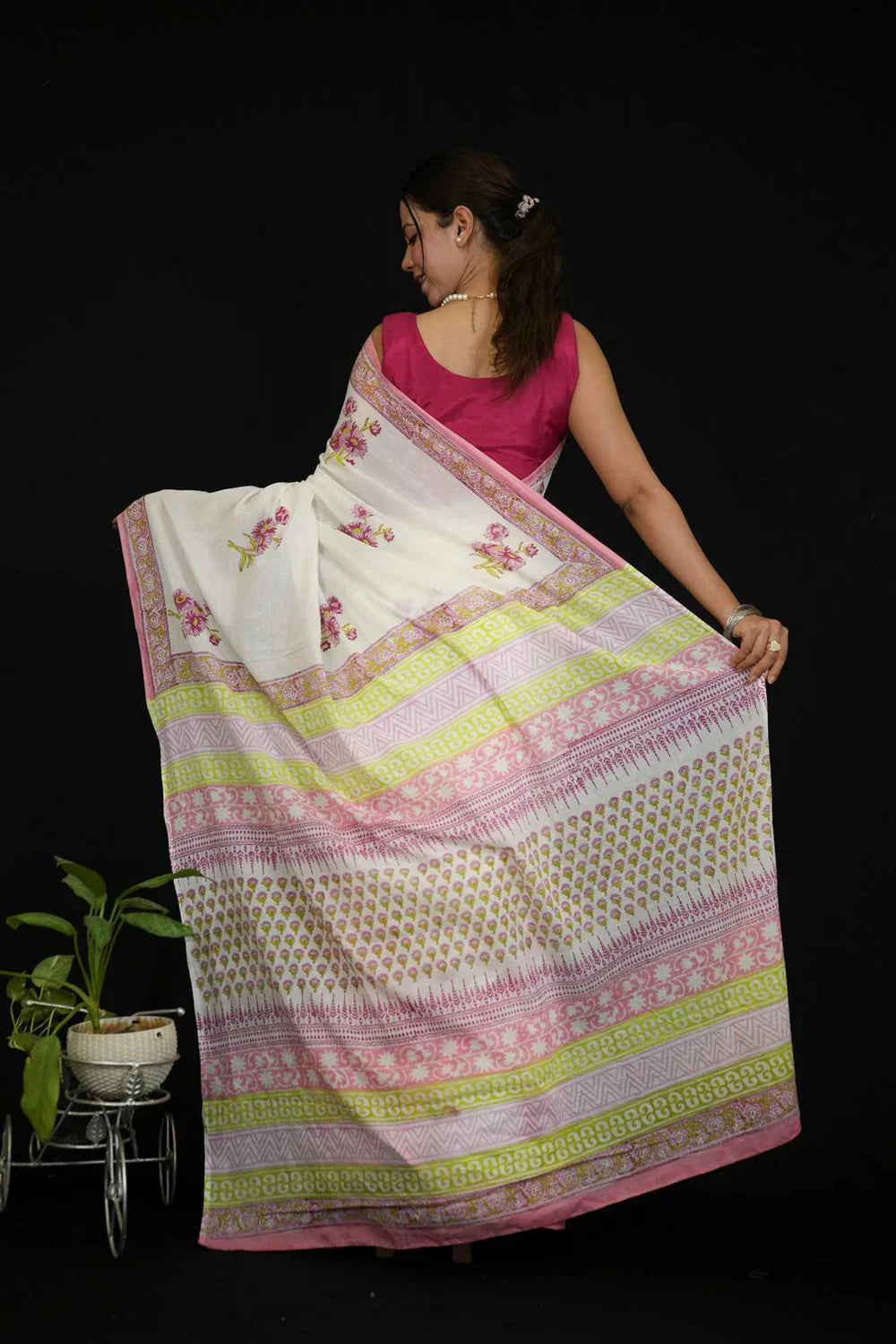 Pure Mulmul Cotton with All Over Vegetable Dye Hand Block Printed Ready To Wear Saree