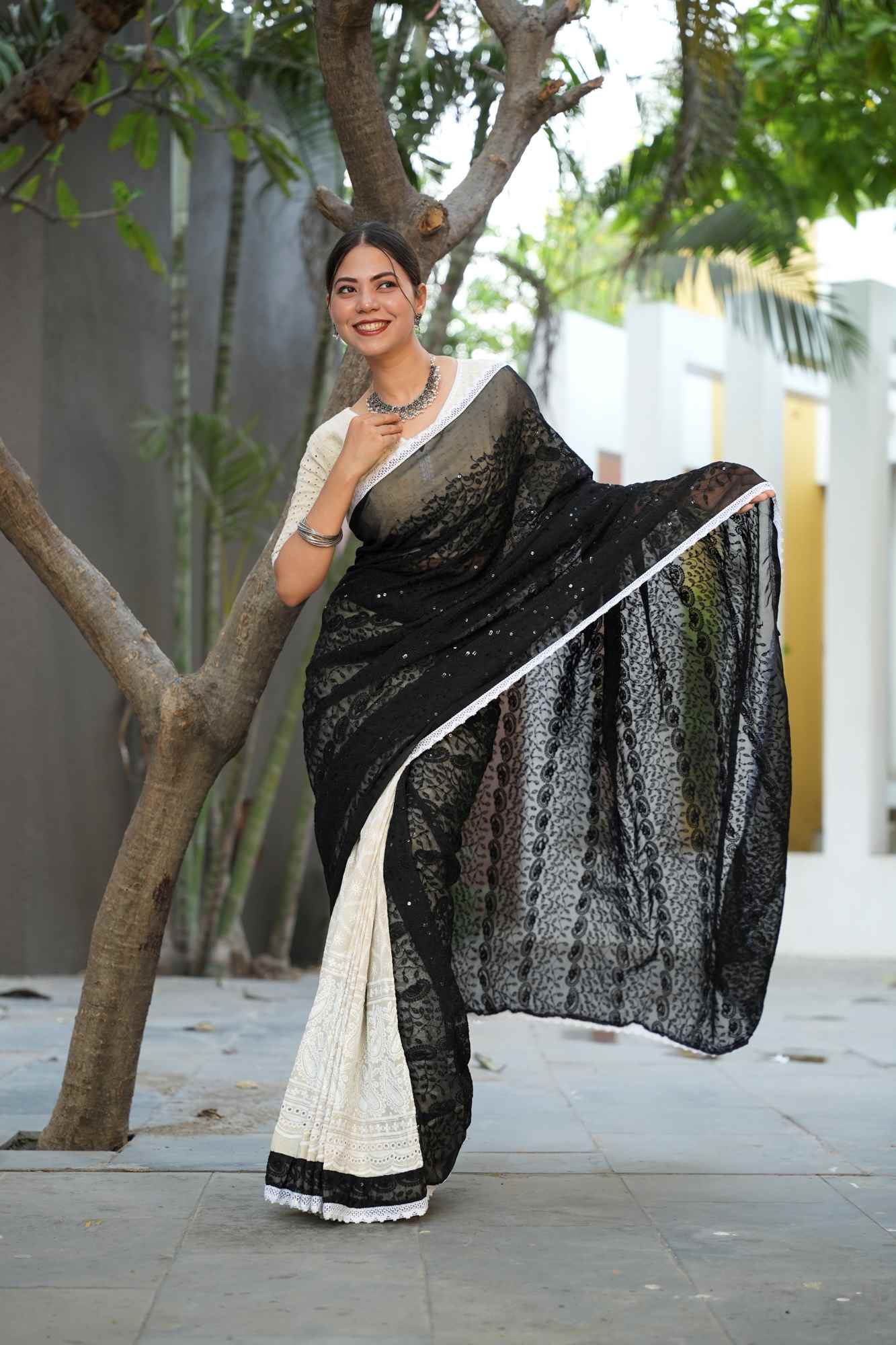 Black and white Cotton Hakoba Chikankari Work with Sequence Embroidered Pallu ready to wear saree