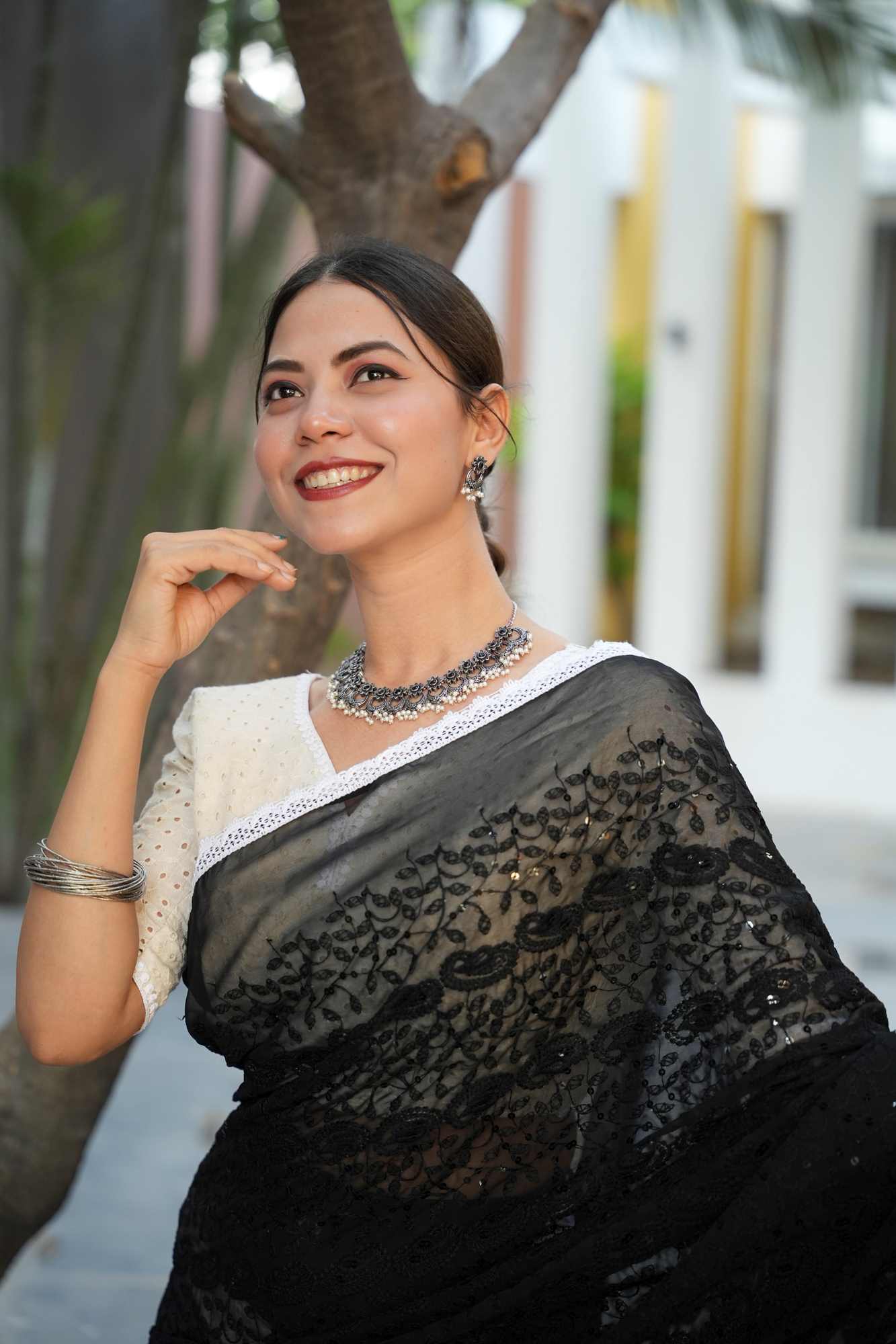 Black and white Cotton Hakoba Chikankari Work with Sequence Embroidered Pallu ready to wear saree