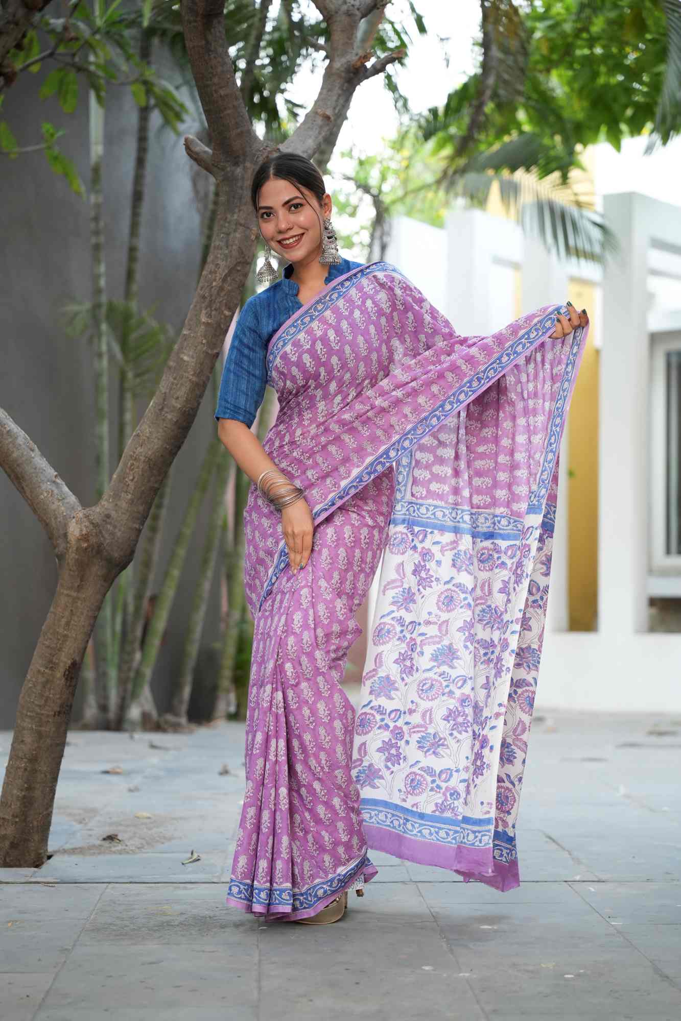 Jaipuri Sanganeri vegetable dyed mulmul ready to wear saree