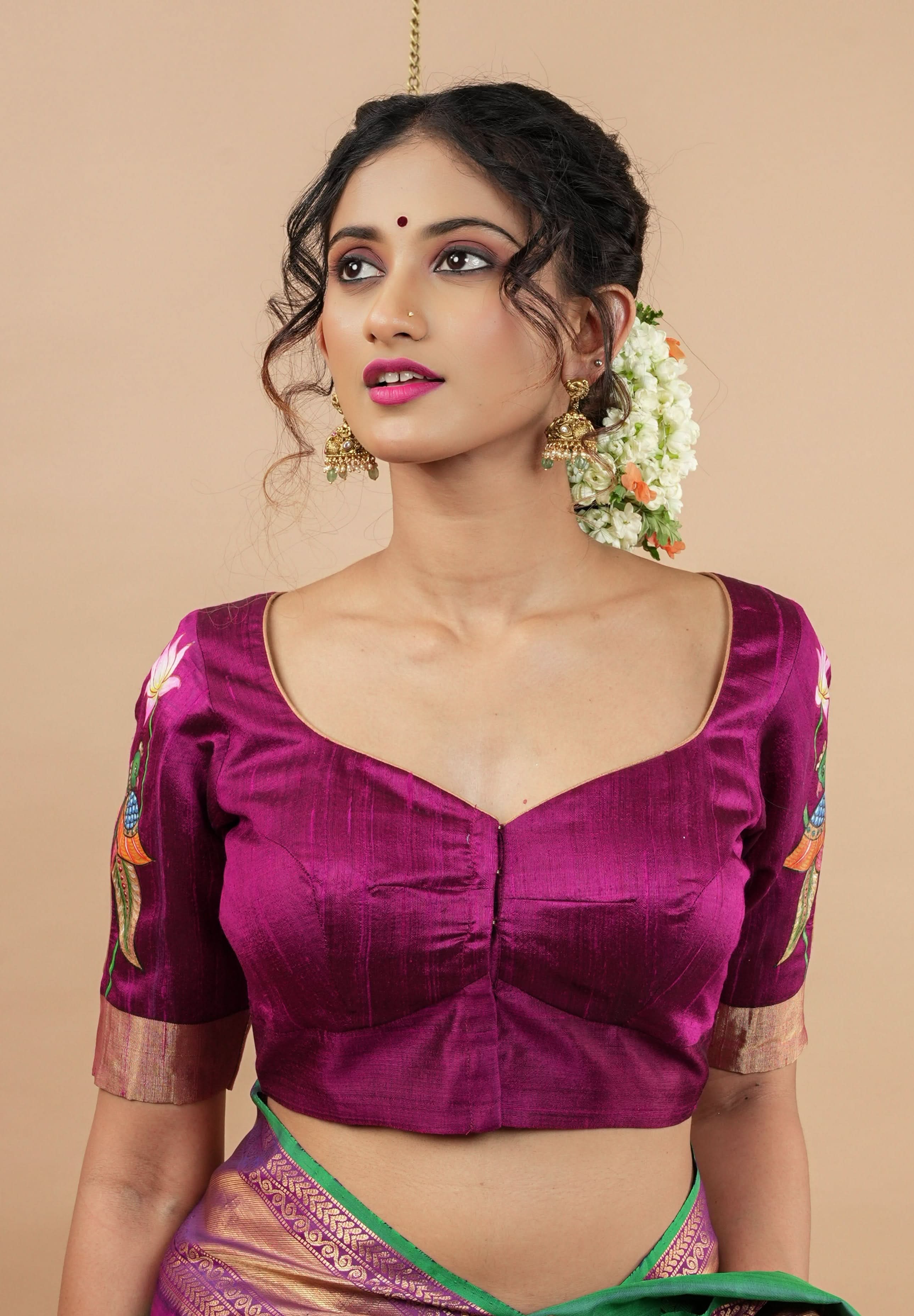 Tanjore Parrots - Pure Raw silk blouse with Handpainting and cutout design, Made to Order | Shobitam