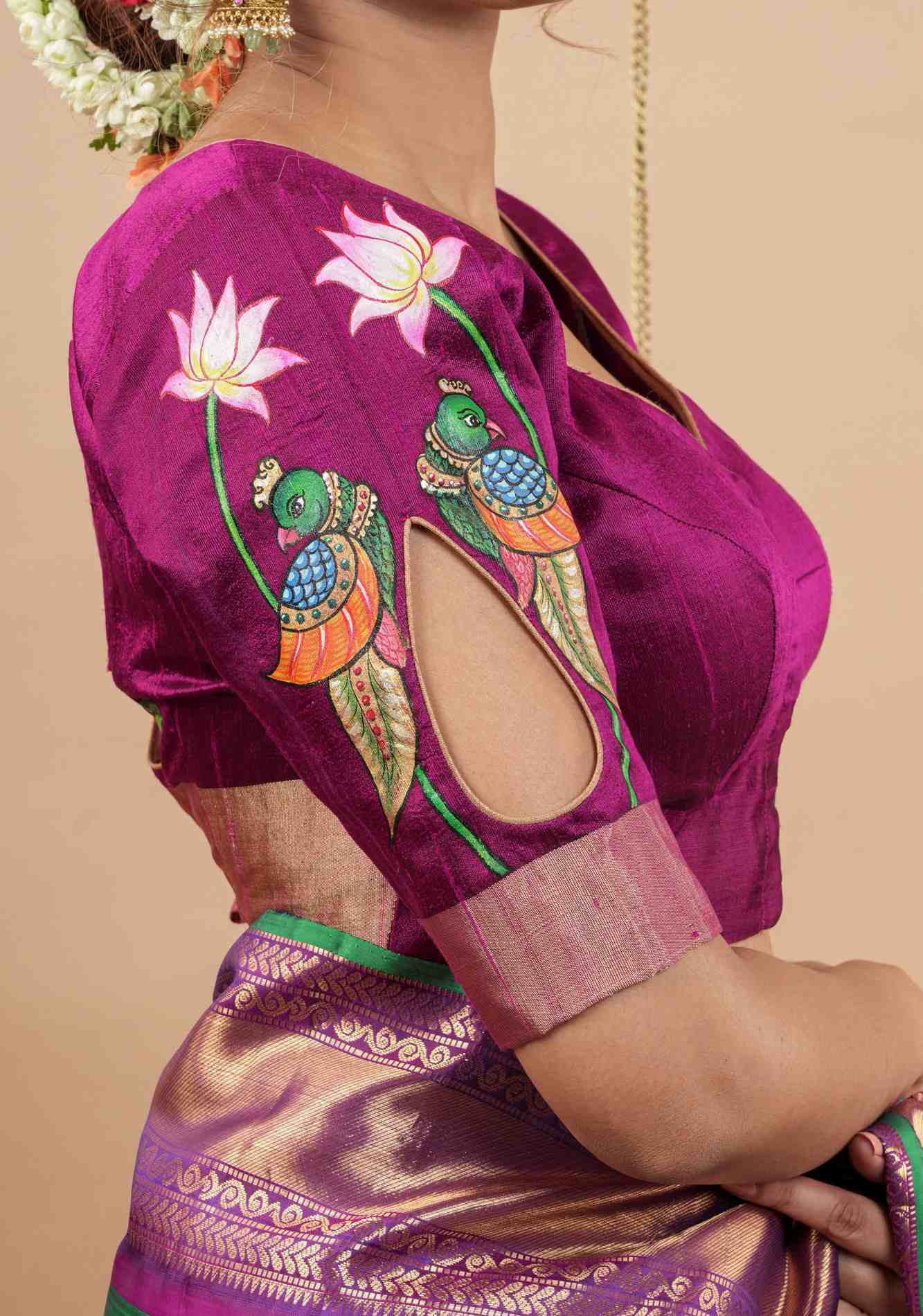 Tanjore Parrots - Pure Raw silk blouse with Handpainting and cutout design, Made to Order
