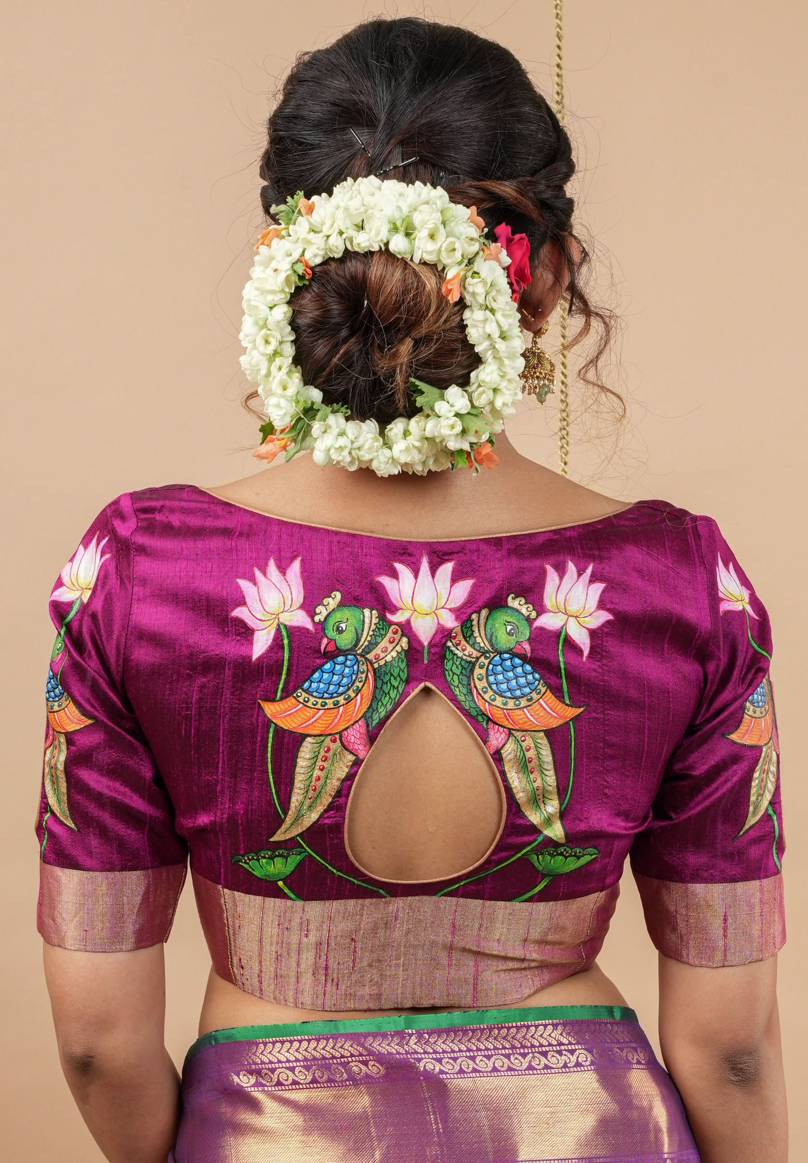 Tanjore Parrots - Pure Raw silk blouse with Handpainting and cutout design, Made to Order | Shobitam