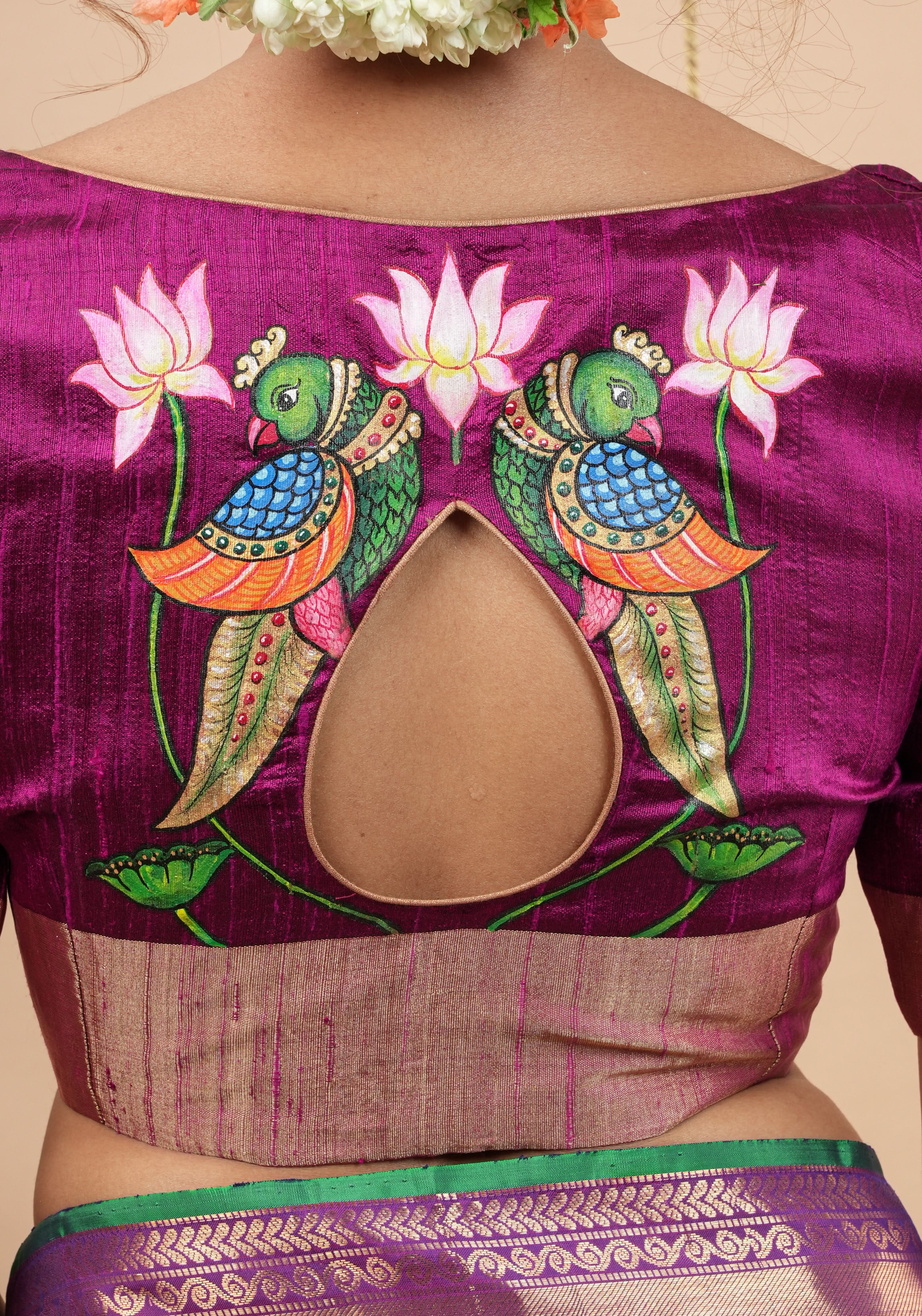 Tanjore Parrots - Pure Raw silk blouse with Handpainting and cutout design, Made to Order | Shobitam