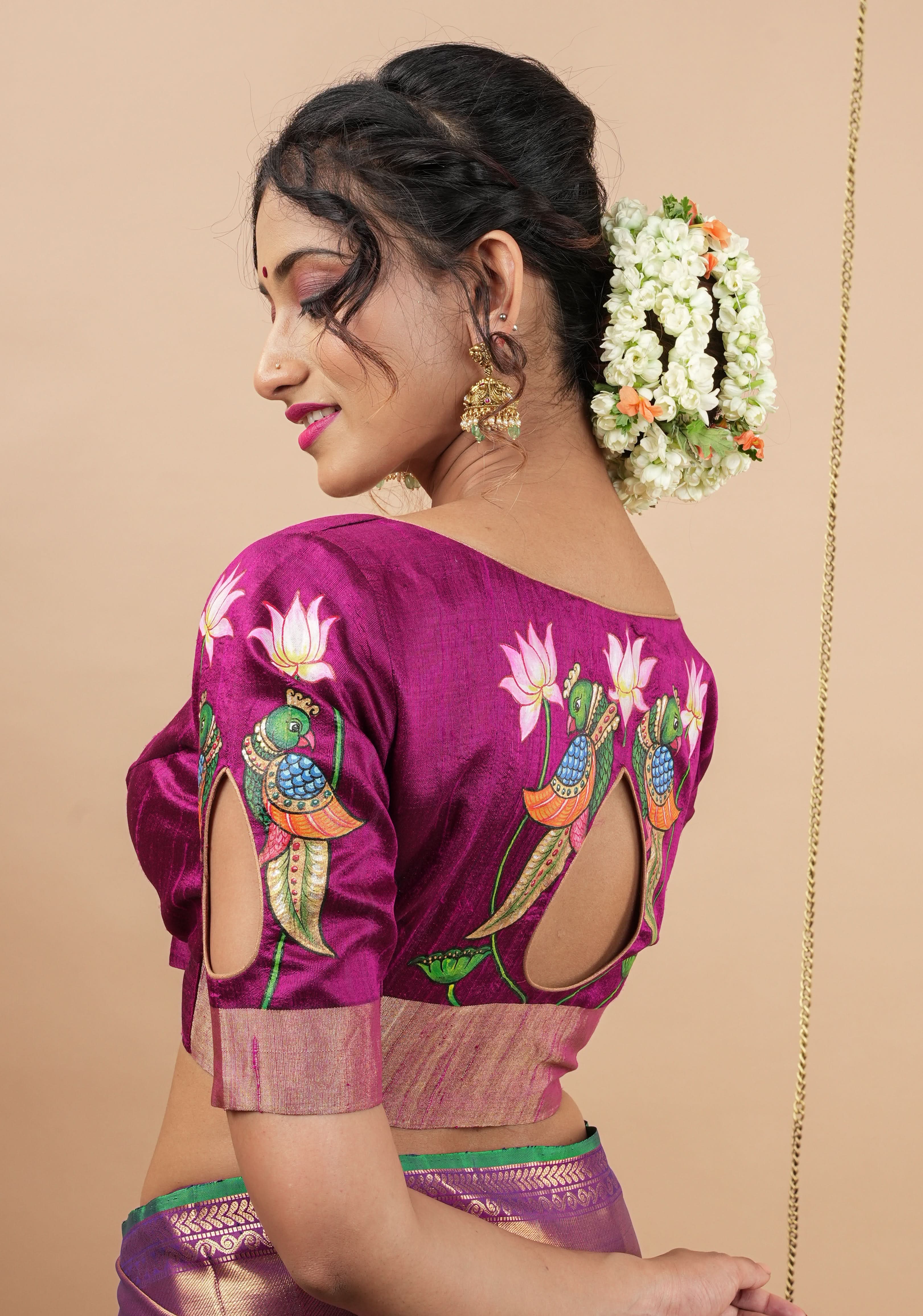 Tanjore Parrots - Pure Raw silk blouse with Handpainting and cutout design, Made to Order | Shobitam