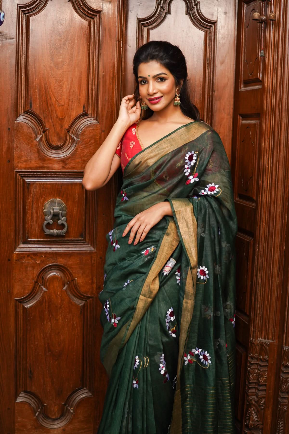 Hunter Green Silk Linen Saree with Moti Nath Embroidery,Woven zari Borders and Long Tassels | Shobitam