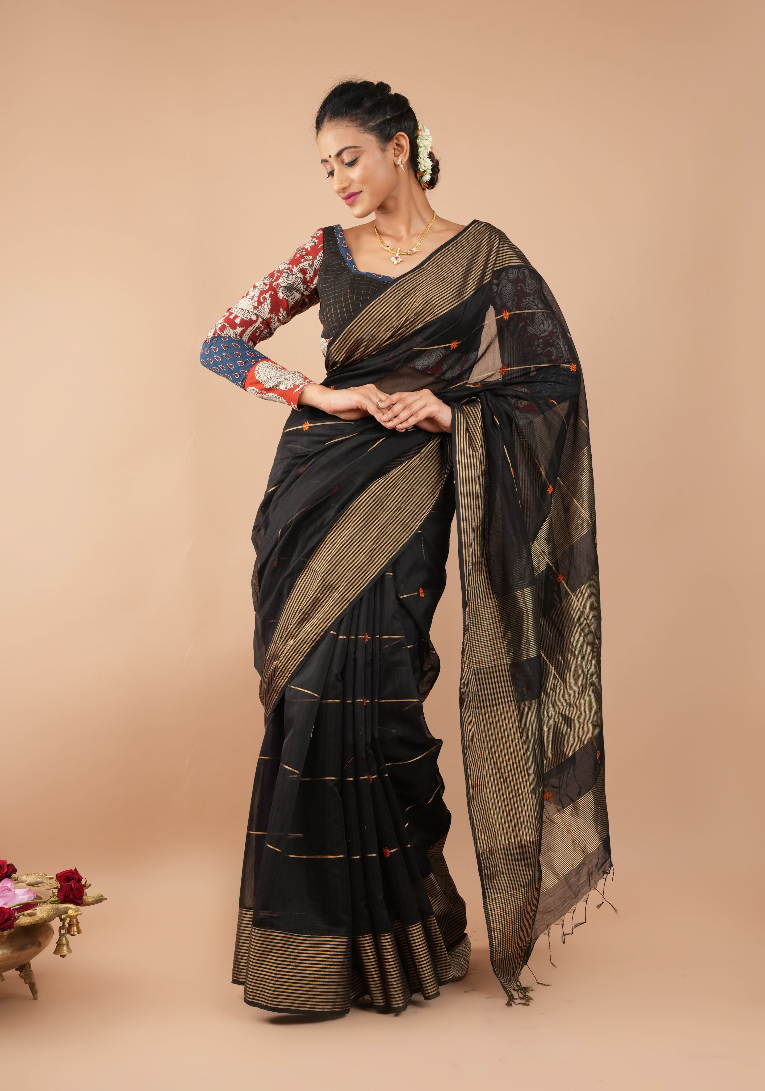 Black Handwoven Zari Stripes Maheshwari Silk Cotton Saree | Shobitam