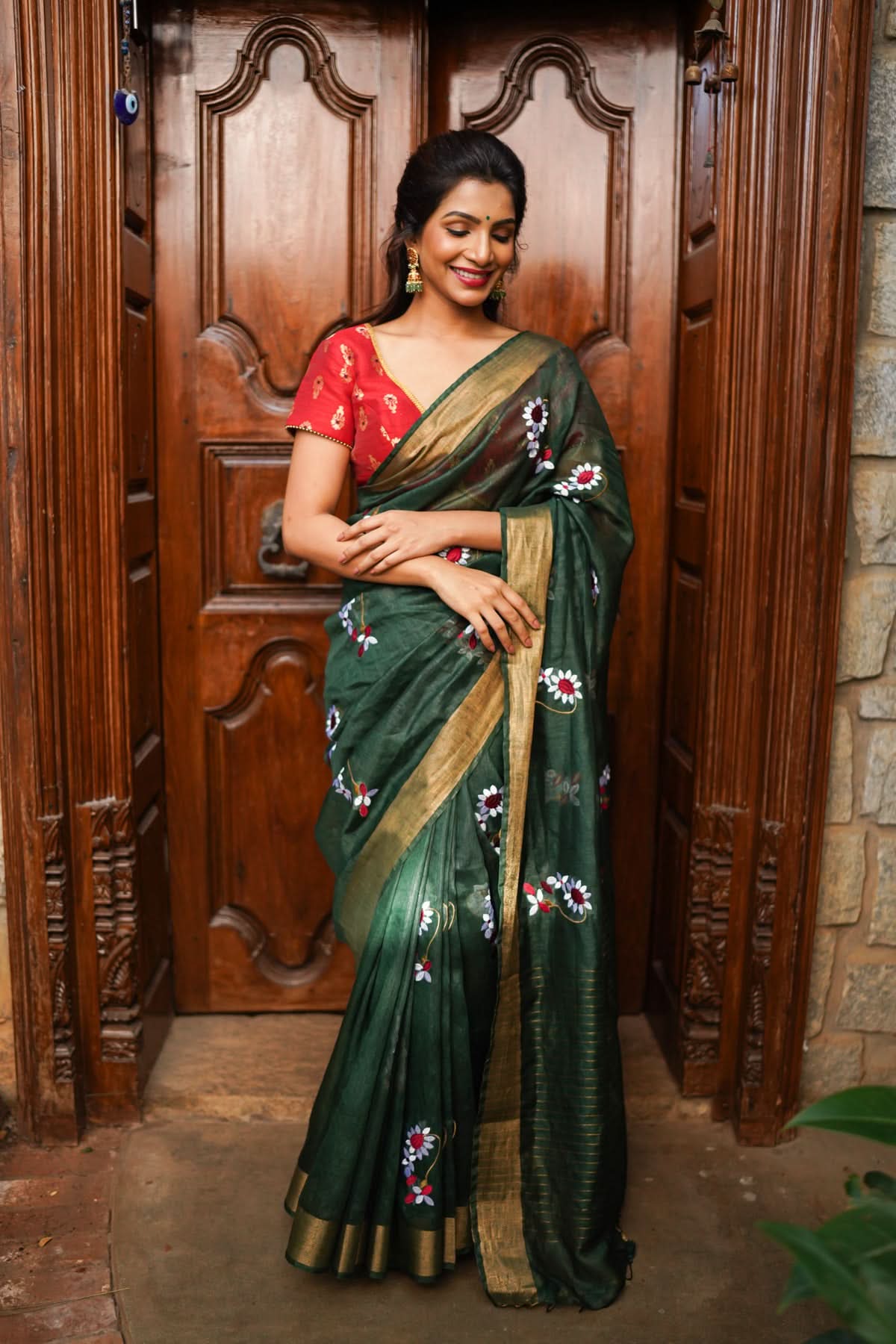 Hunter Green Silk Linen Saree with Moti Nath Embroidery,Woven zari Borders and Long Tassels | Shobitam