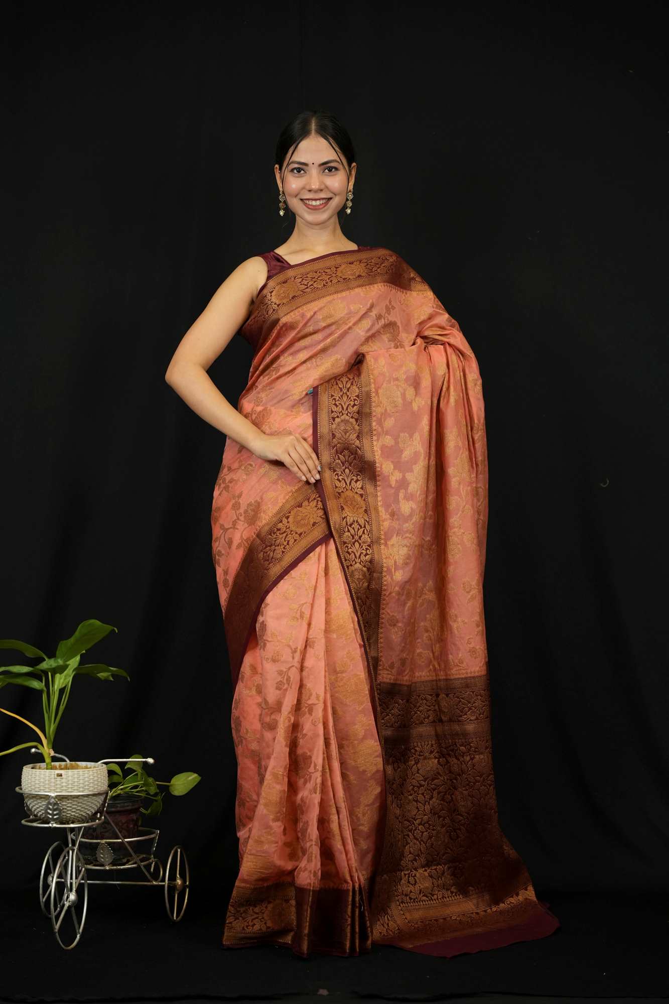 Peach Floral Zari Jaal Weaving Banarasi With Contrast Border and Ornate Palla Georgette Silk Pre Drape Saree