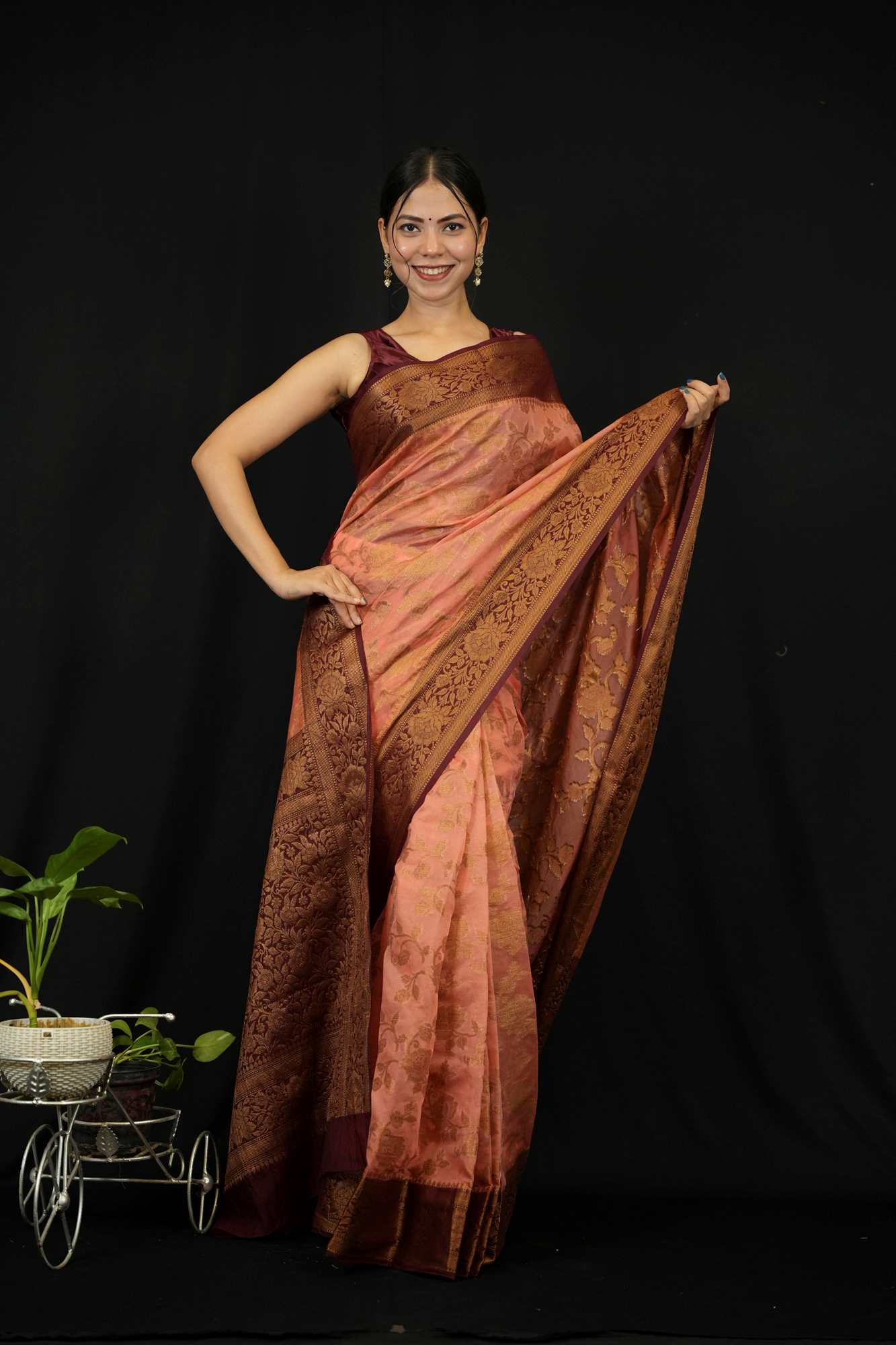 Peach Floral Zari Jaal Weaving Banarasi With Contrast Border and Ornate Palla Georgette Silk Pre Drape Saree