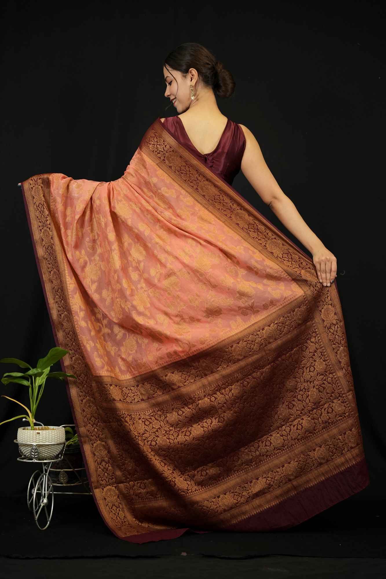 Peach Floral Zari Jaal Weaving Banarasi With Contrast Border and Ornate Palla Georgette Silk Pre Drape Saree