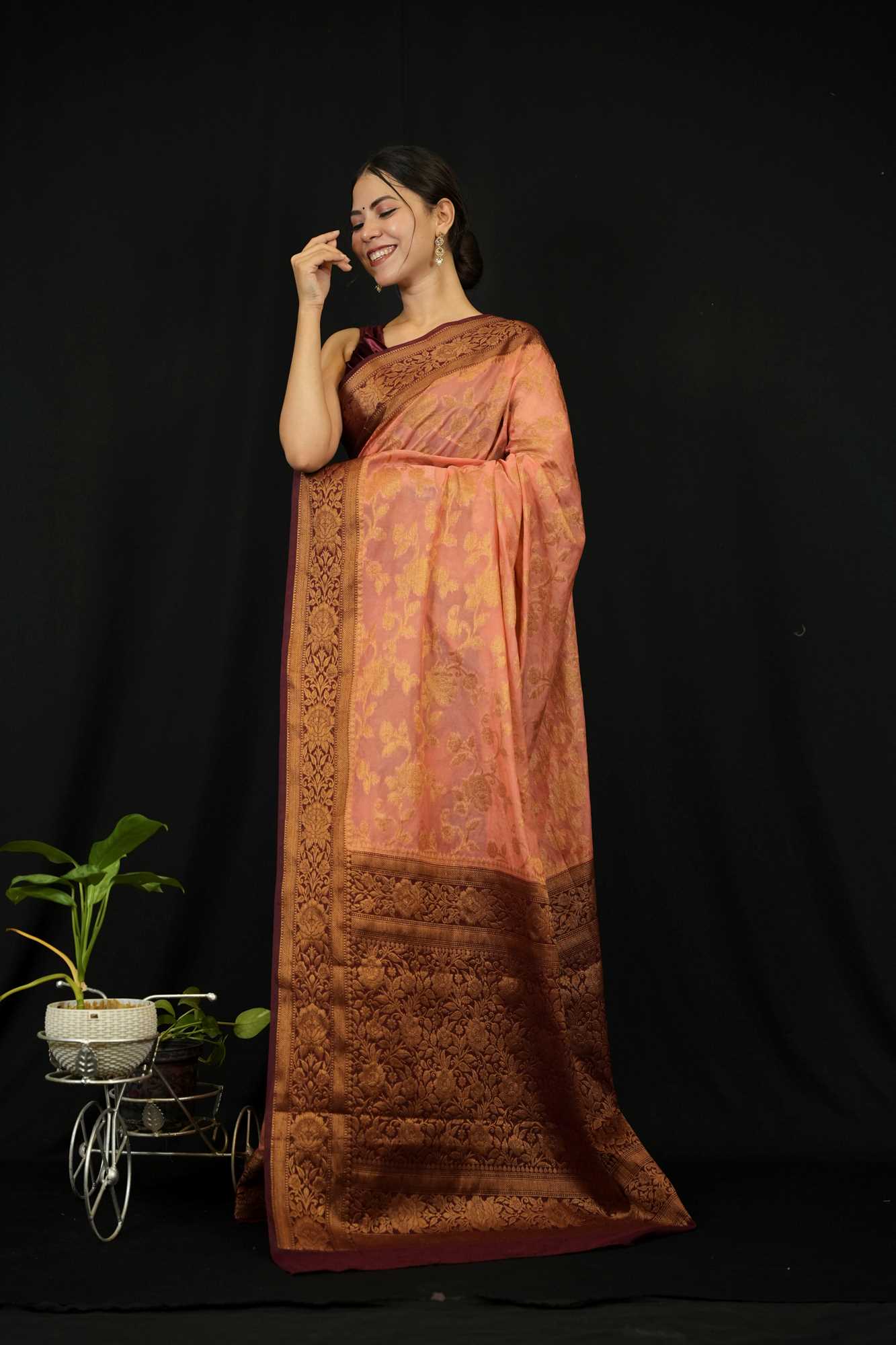 Peach Floral Zari Jaal Weaving Banarasi With Contrast Border and Ornate Palla Georgette Silk Pre Drape Saree