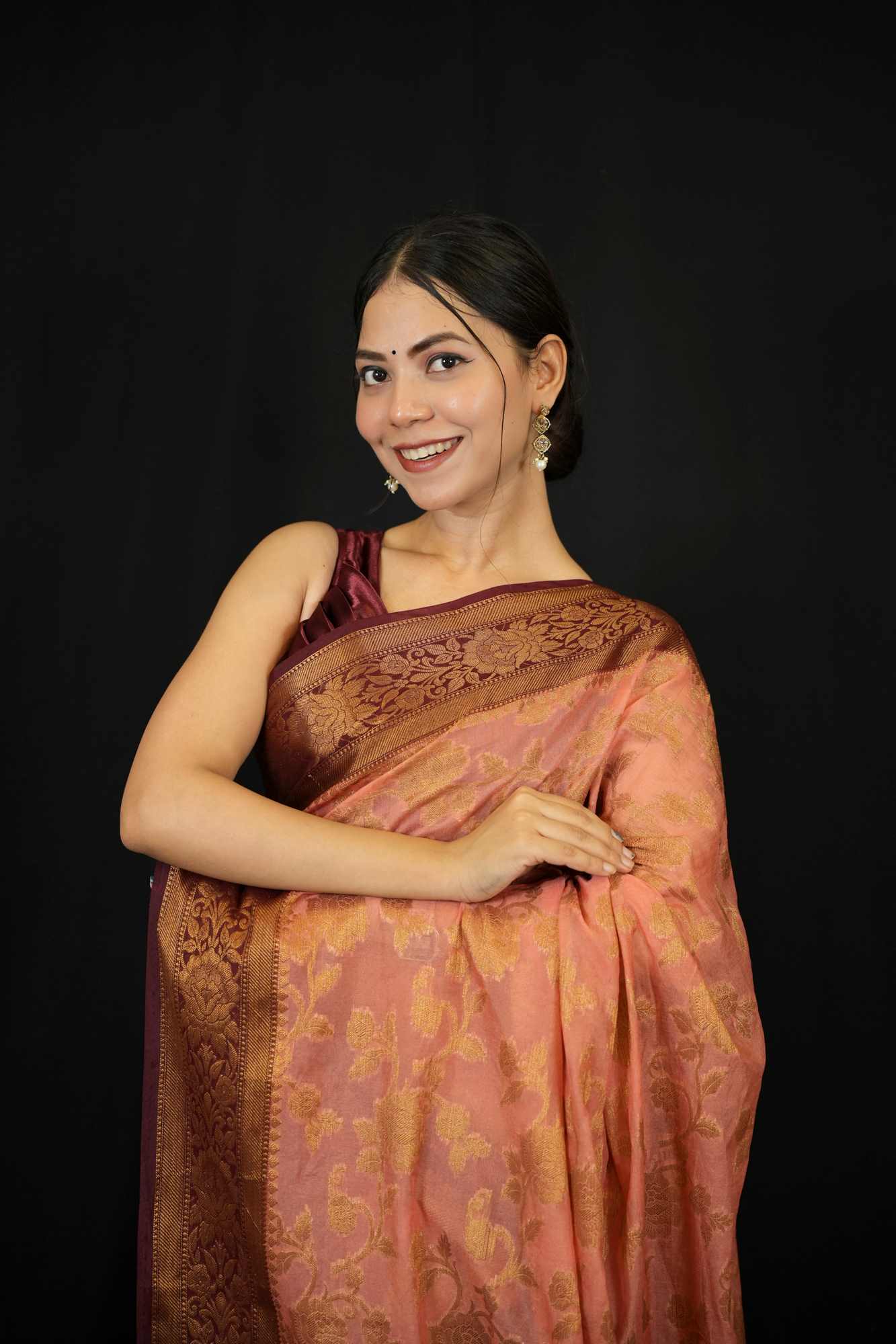 Peach Floral Zari Jaal Weaving Banarasi With Contrast Border and Ornate Palla Georgette Silk Pre Drape Saree