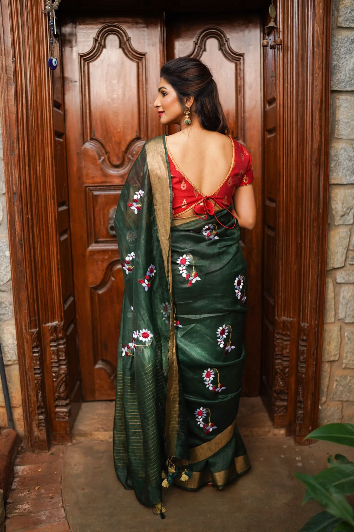 Hunter Green Silk Linen Saree with Moti Nath Embroidery,Woven zari Borders and Long Tassels | Shobitam