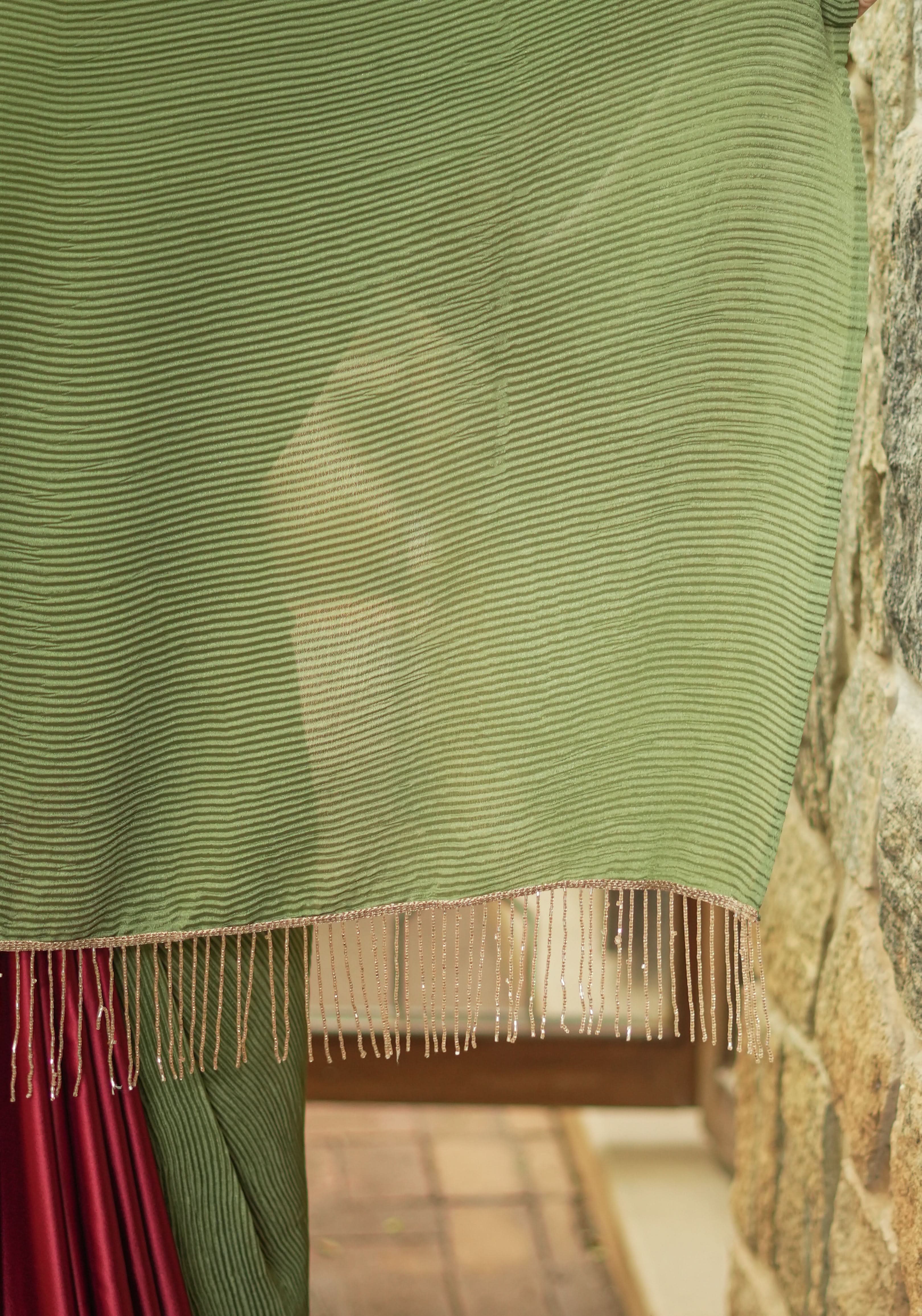 Pleated Satin saree in Sage Green and Maroon, No Blouse Piece | Shobitam