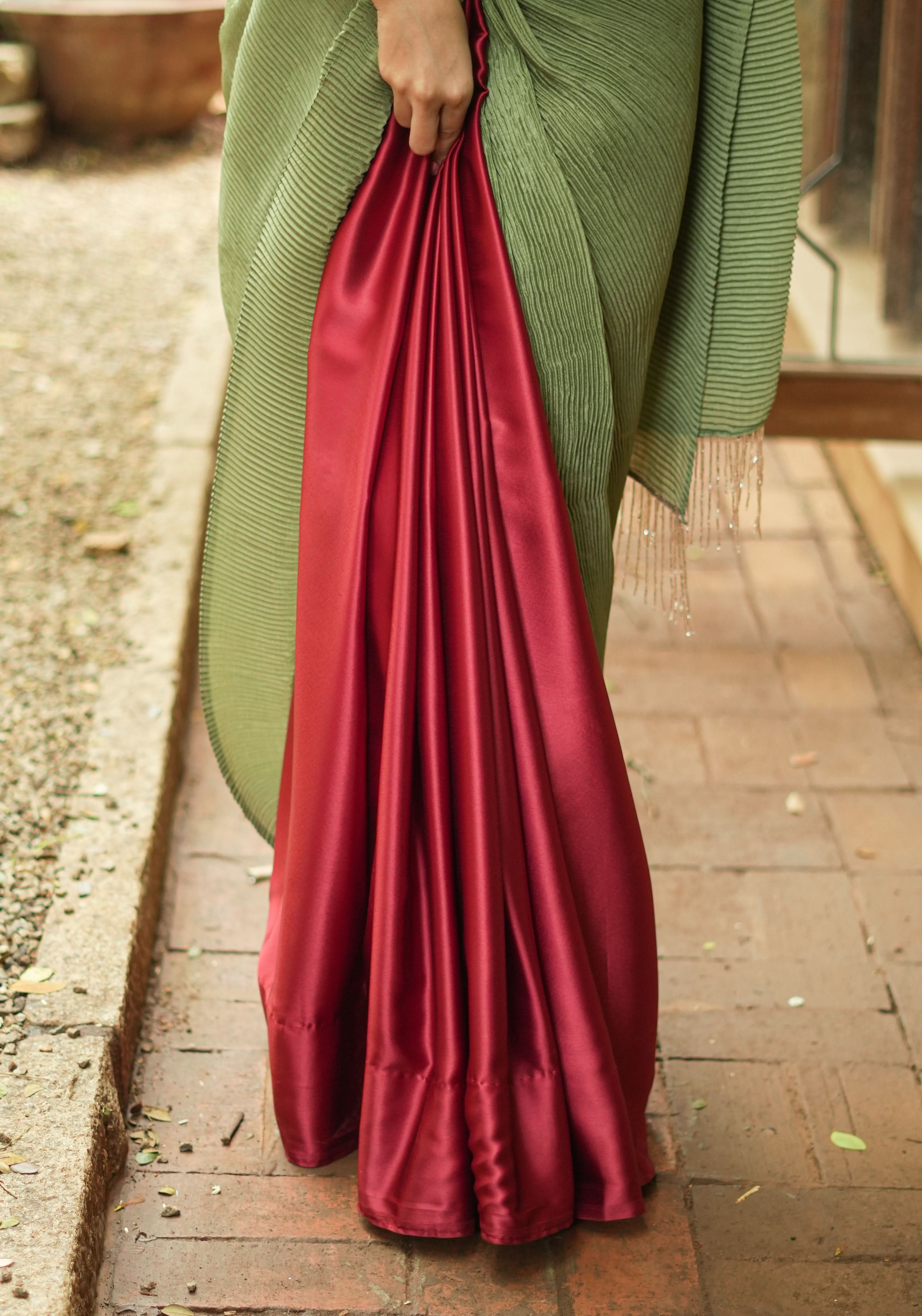 Pleated Satin saree in Sage Green and Maroon, No Blouse Piece | Shobitam