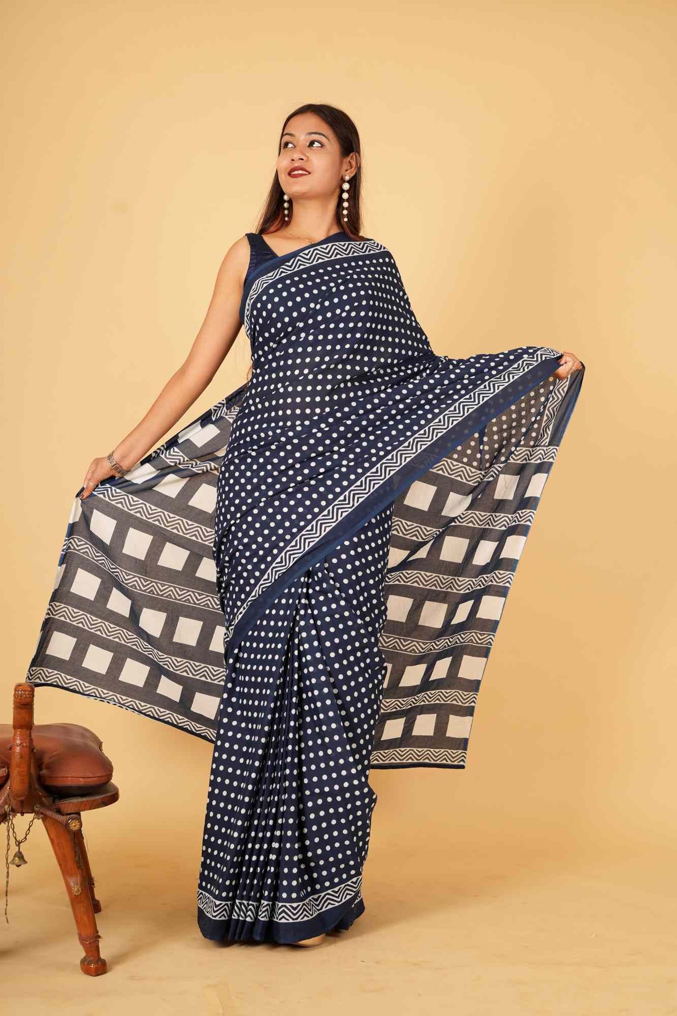 Beautiful Indigo mulmul cotton ready to wear saree