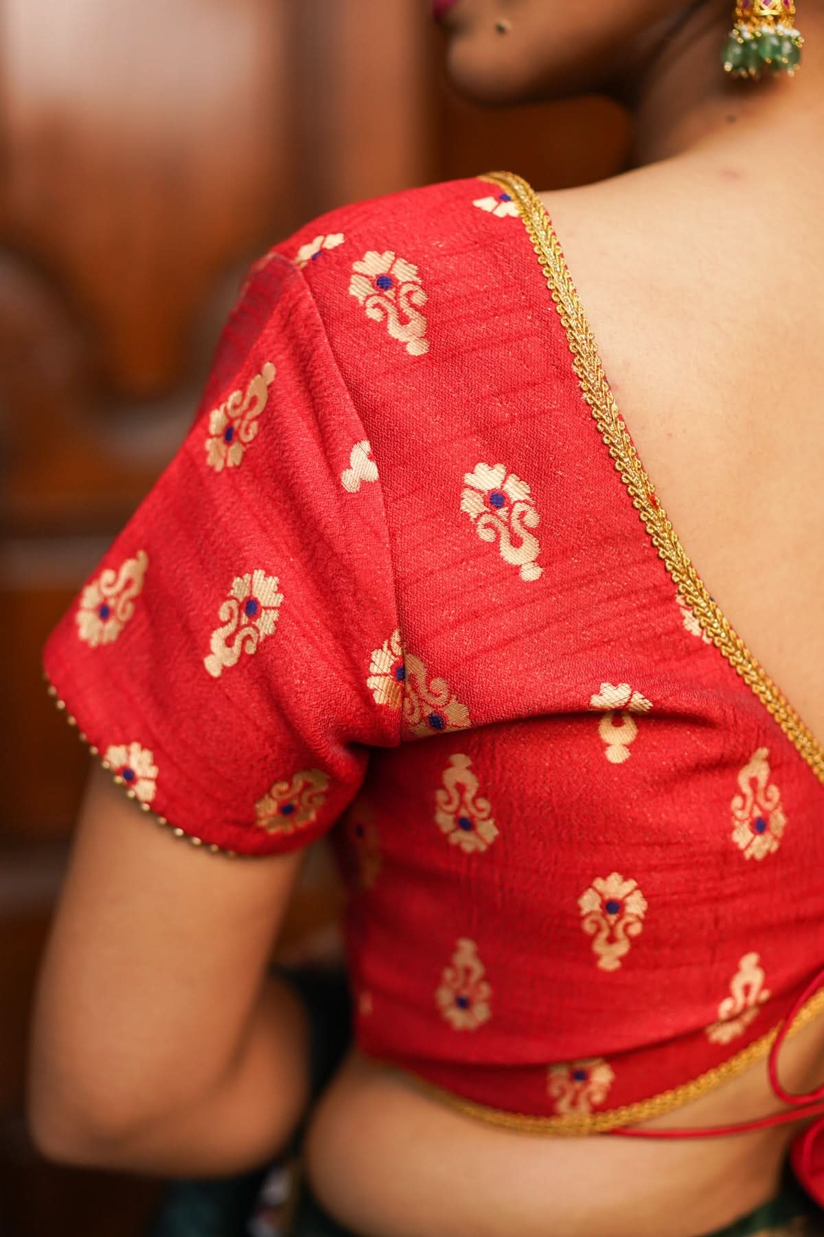 Deep V Neck Tie Back Blouse in Red with Gold Motifs! | Shobitam