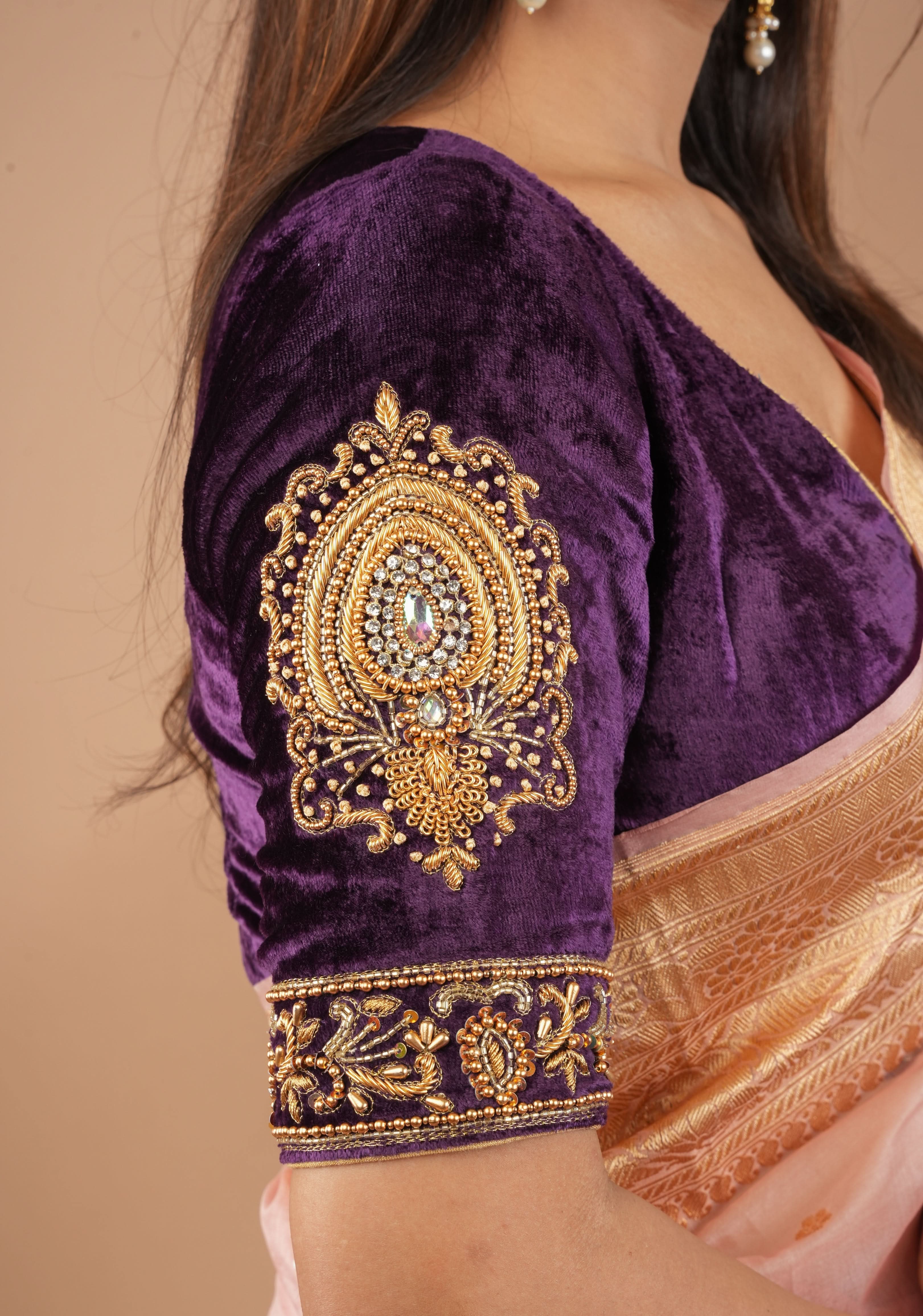 Purple Velvet Blouse with Stone and Zardosi detailing on sleeves and waist front, Customizable, Made to Order | Shobitam