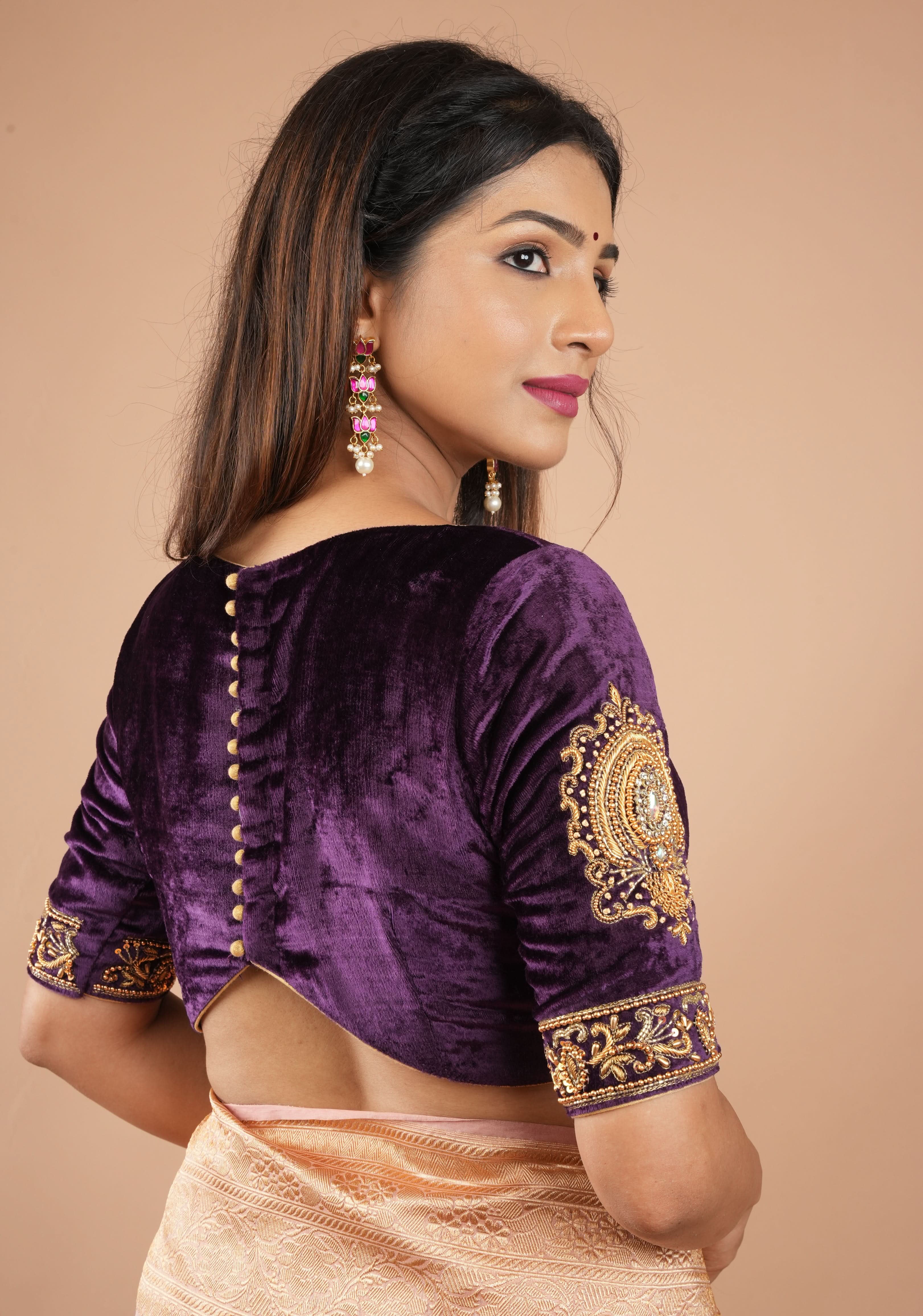 Purple Velvet Blouse with Stone and Zardosi detailing on sleeves and waist front, Customizable, Made to Order | Shobitam
