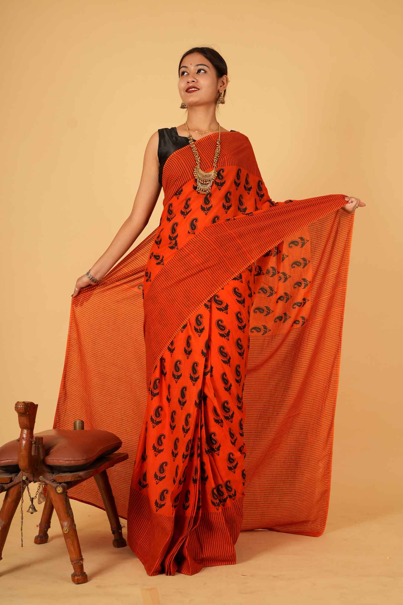Pure Mul Mul Cotton Red ready to wear saree with Vegetable dye Hand Block print Wrap In 1 Minute Saree